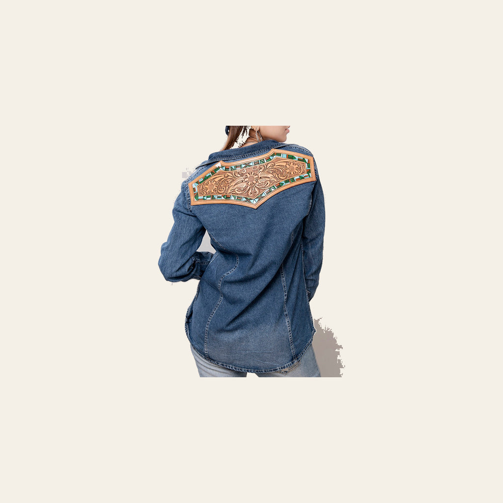 American Darling Genuine leather Hand tooled carved Women 100% cotton Denim Blazer dress jacket ladies |Vintage