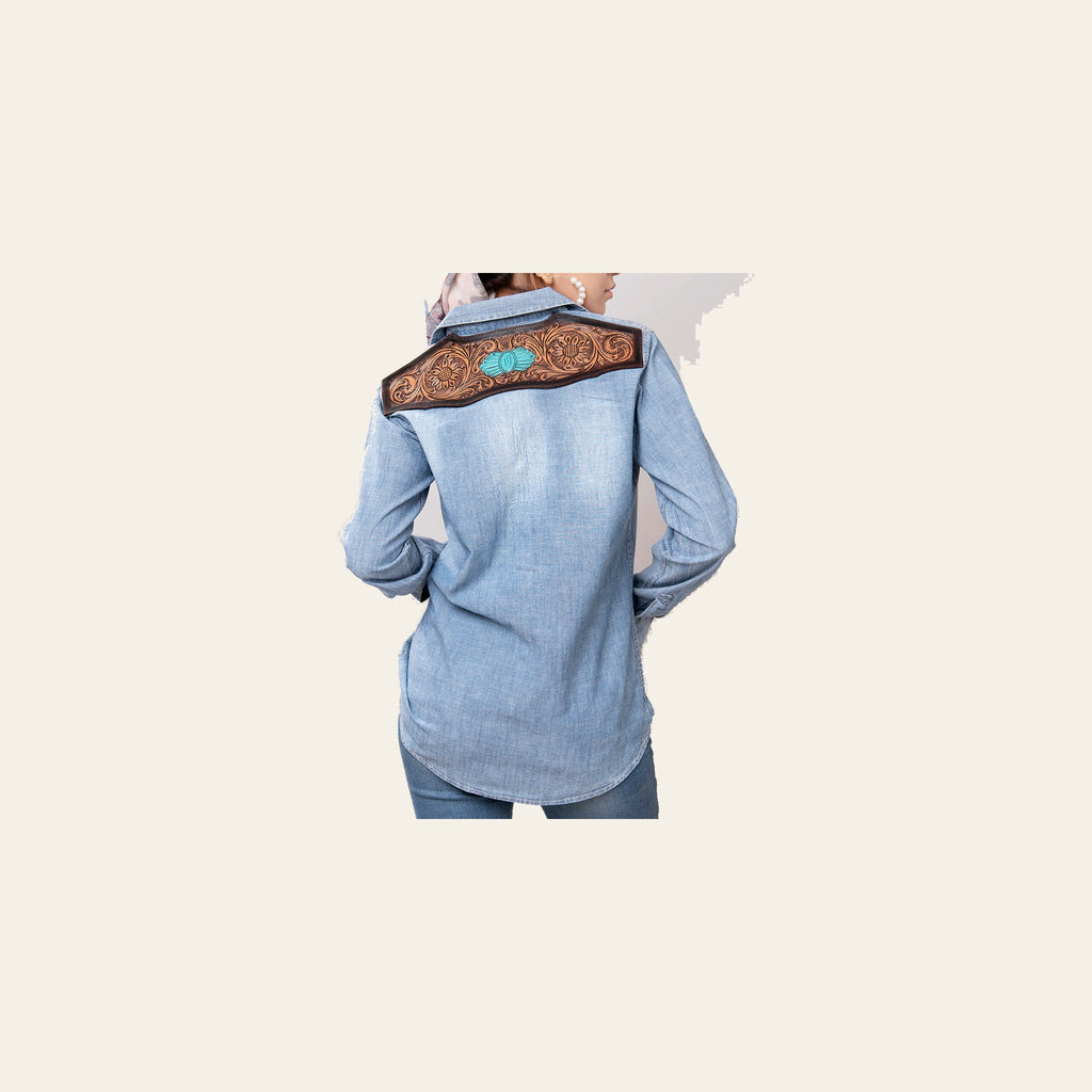 American Darling Genuine leather Hand tooled carved Women 100% cotton Denim Blazer dress jacket ladies |Vintage