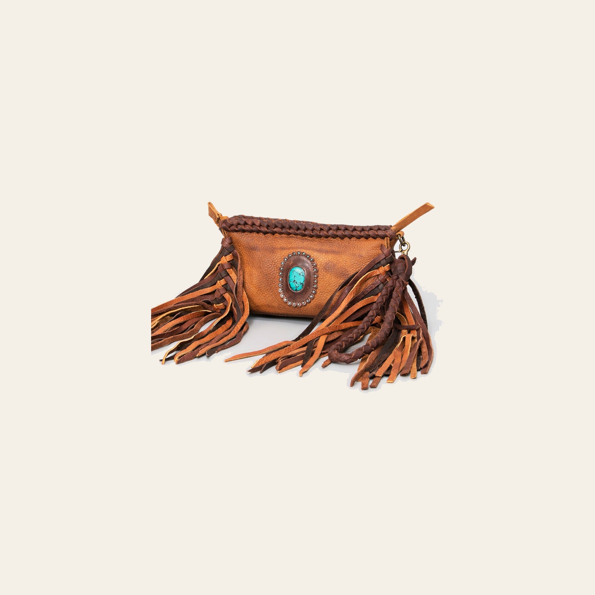 American Darling Clutch Bag Western Genuine Leather Handcrafted Purse with Fringes and Turquoise Stone