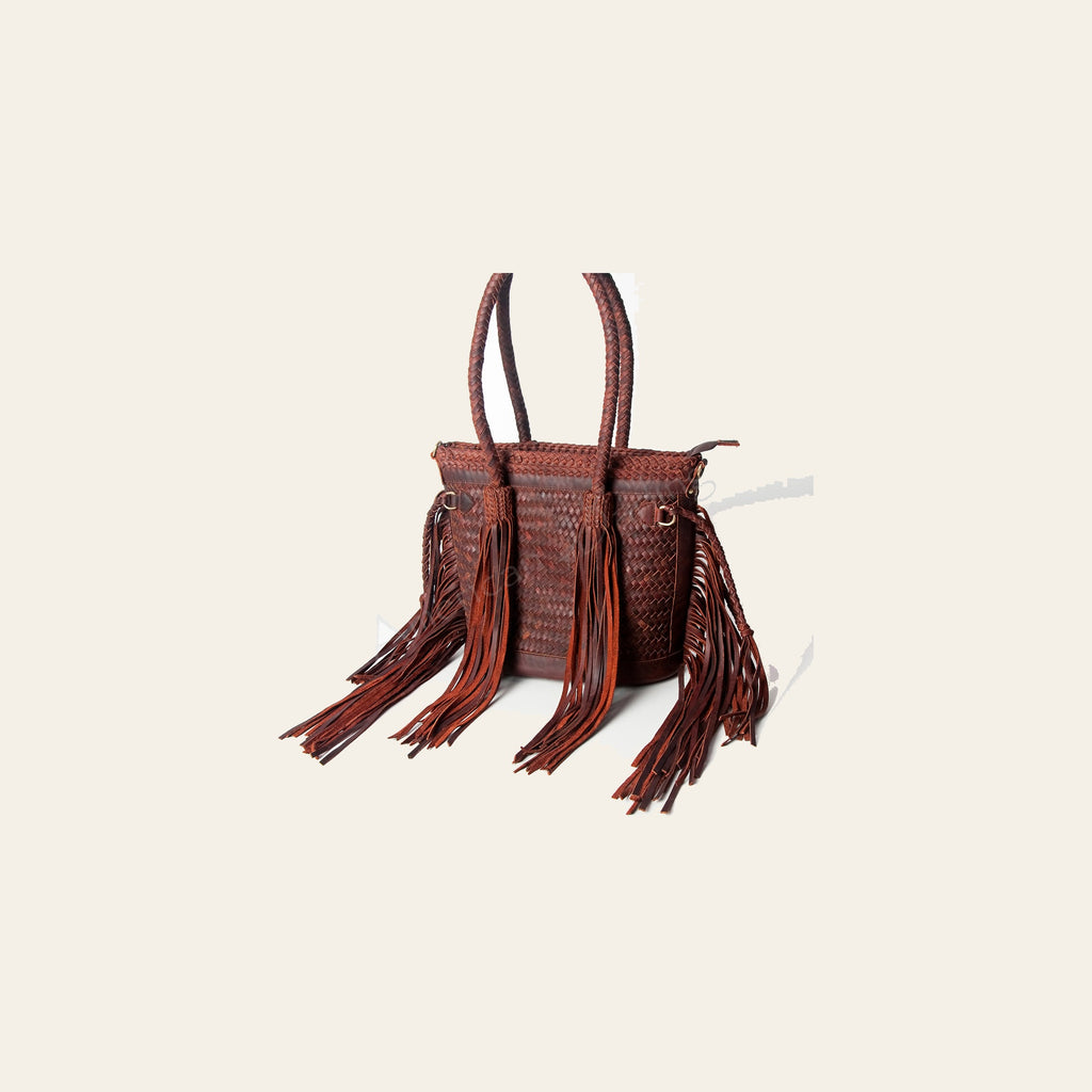American Darling Tote Bag, Genuine Vegetable-Tanned Leather, Basket Weave Design with Fringes, Western Handcrafted Handbag