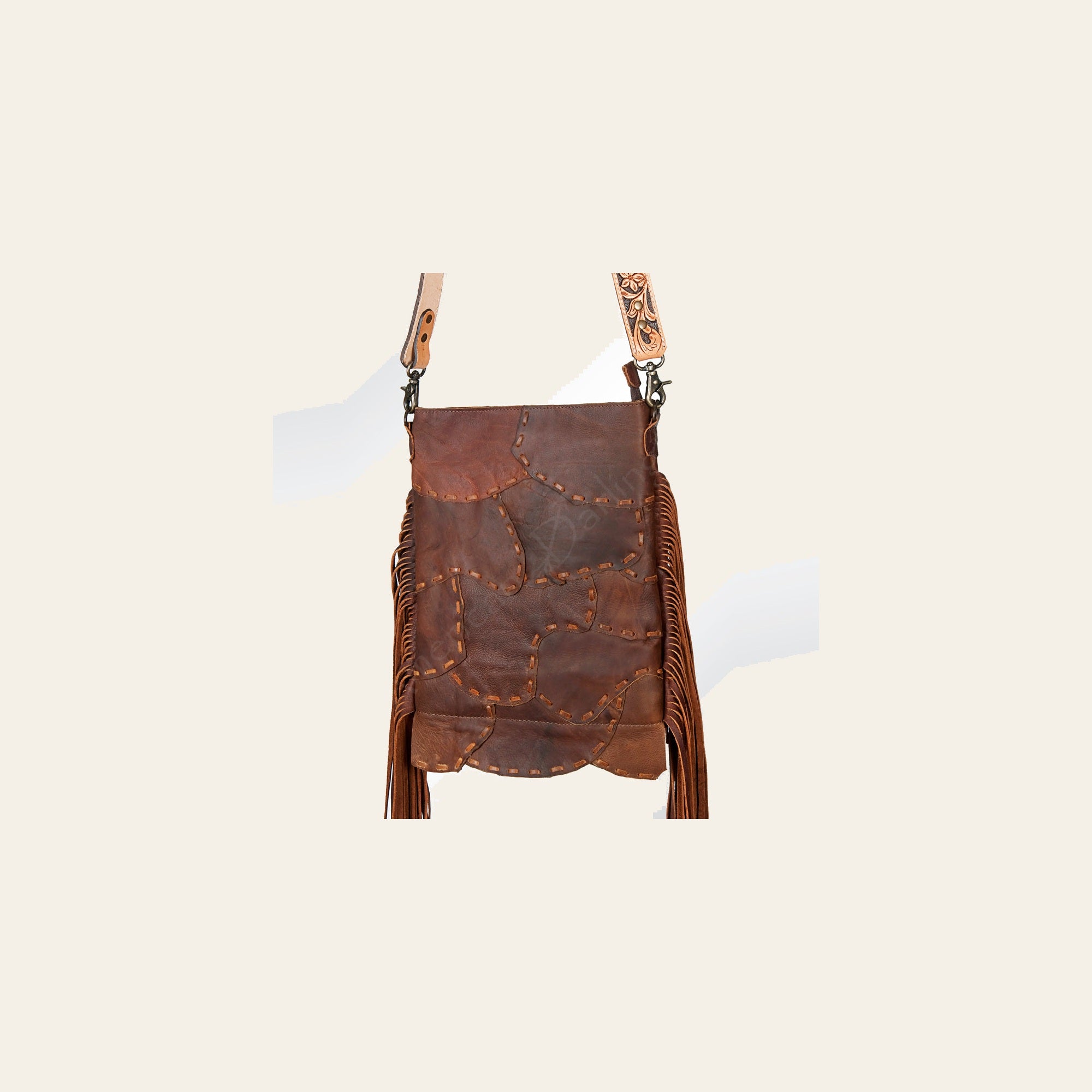 American Darling Large Cross body Bag Genuine Leather Western Purse with Fringes Buck Stitched Trim & YKK Zipper