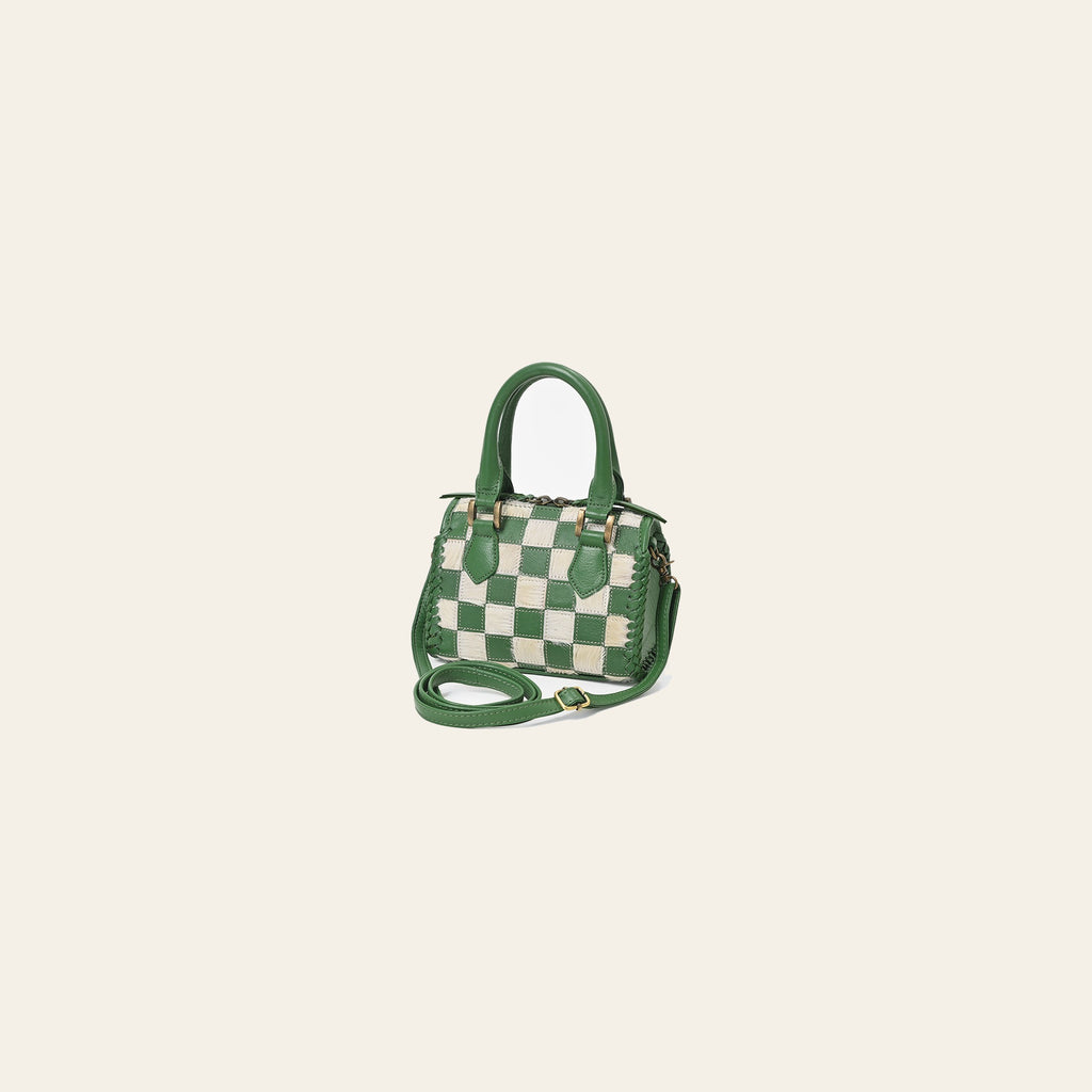 American Darling Hair-On Cowhide Leather Satchel Handbag for Women-Green Ivory Checkerboard Crossbody Purse