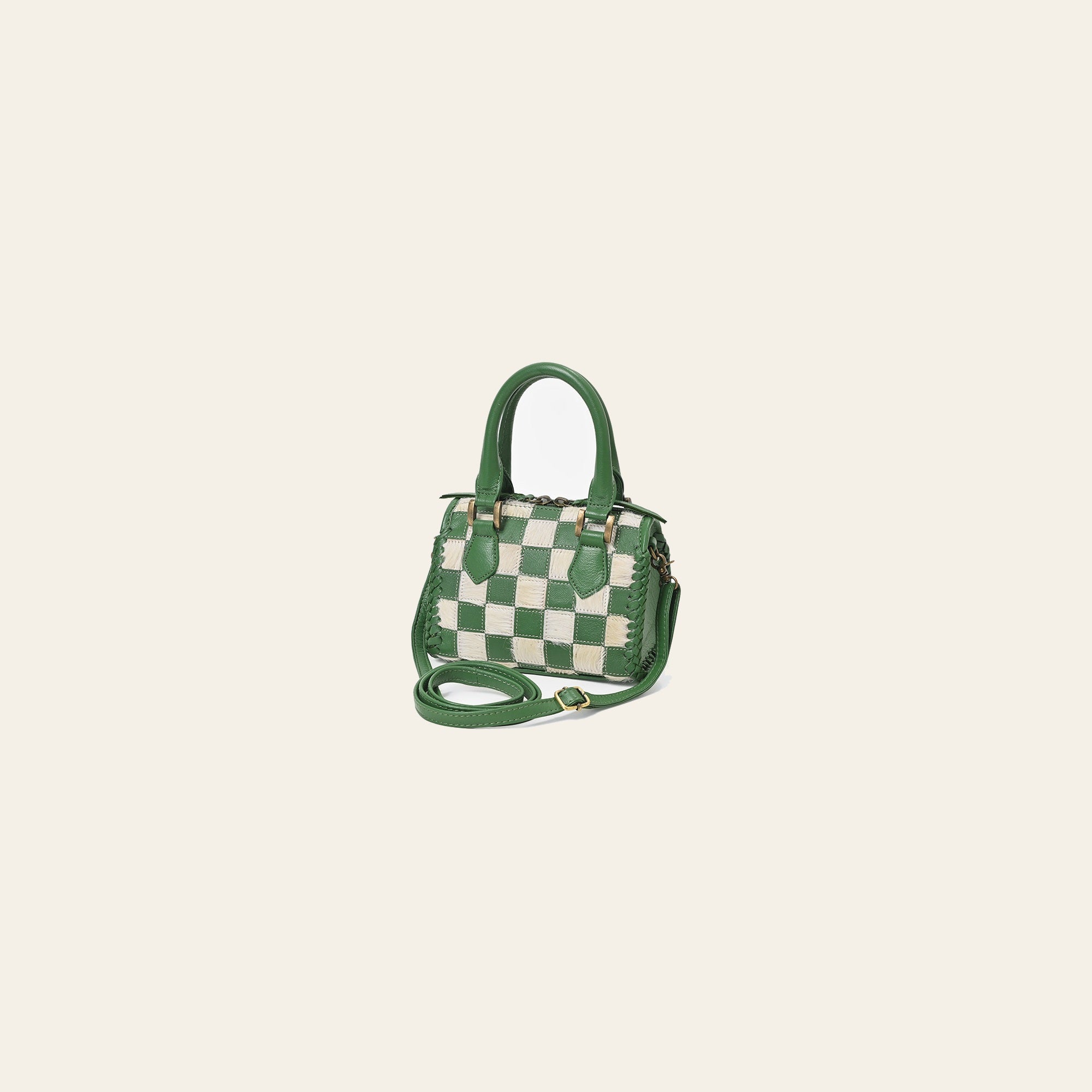 American Darling Hair-On Cowhide Leather Satchel Handbag for Women-Green Ivory Checkerboard Crossbody Purse