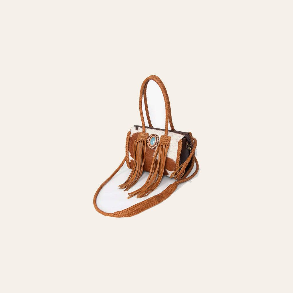 American Darling Speedy Bag, Genuine Vegetable-Tanned Leather Handbag with Turquoise Stone & Braided Handles, 12in (W)