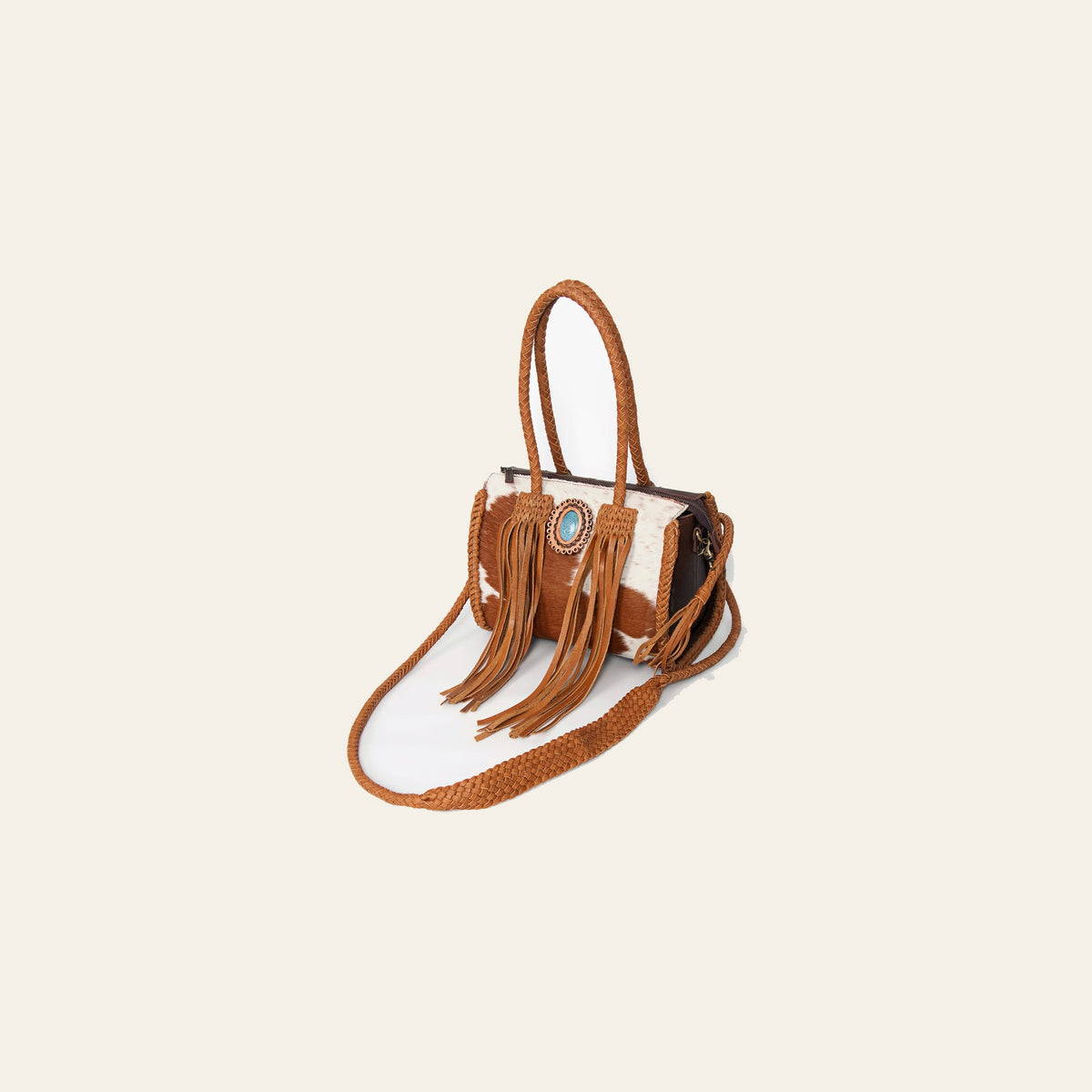 American Darling Speedy Bag, Genuine Vegetable-Tanned Leather Handbag with Turquoise Stone & Braided Handles, 12in (W)