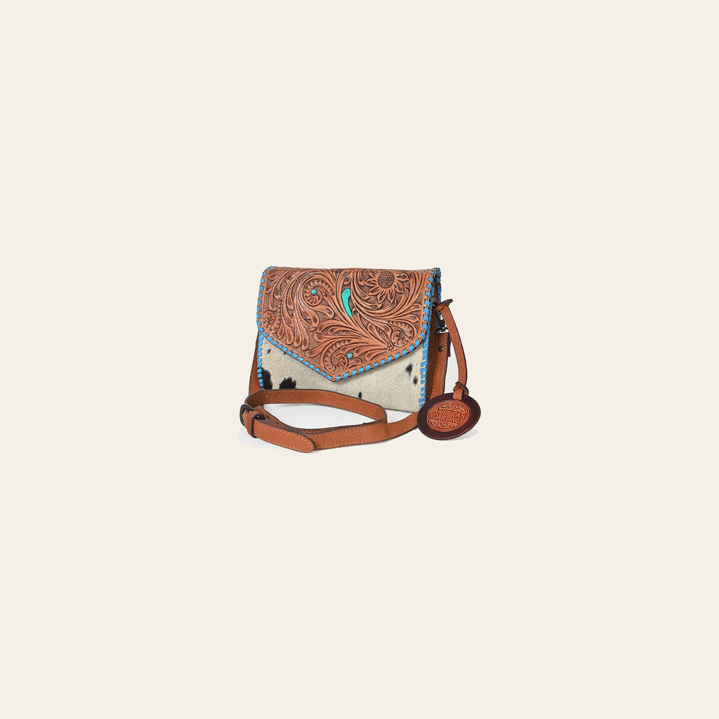 American Darling Hair-On Hide Crossbody Bag for Women, Tooled Leather Western Purse with Turquoise Detail