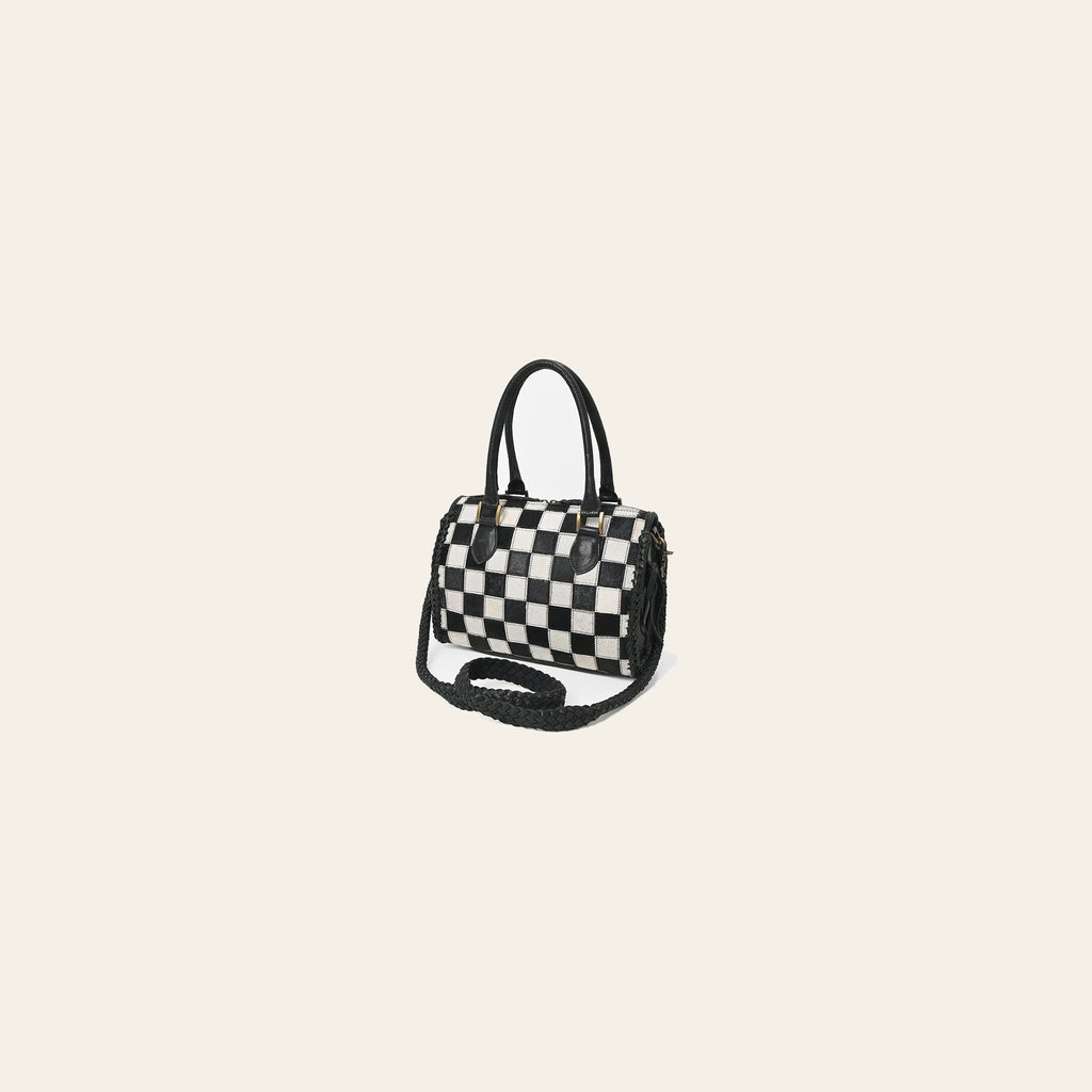 American Darling Hair-On Hide Satchel Bag for Women, Checkered Leather Handbag with Braided Crossbody Strap Black & White