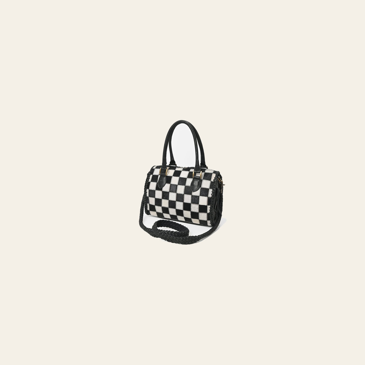 American Darling Hair-On Hide Satchel Bag for Women, Checkered Leather Handbag with Braided Crossbody Strap Black & White
