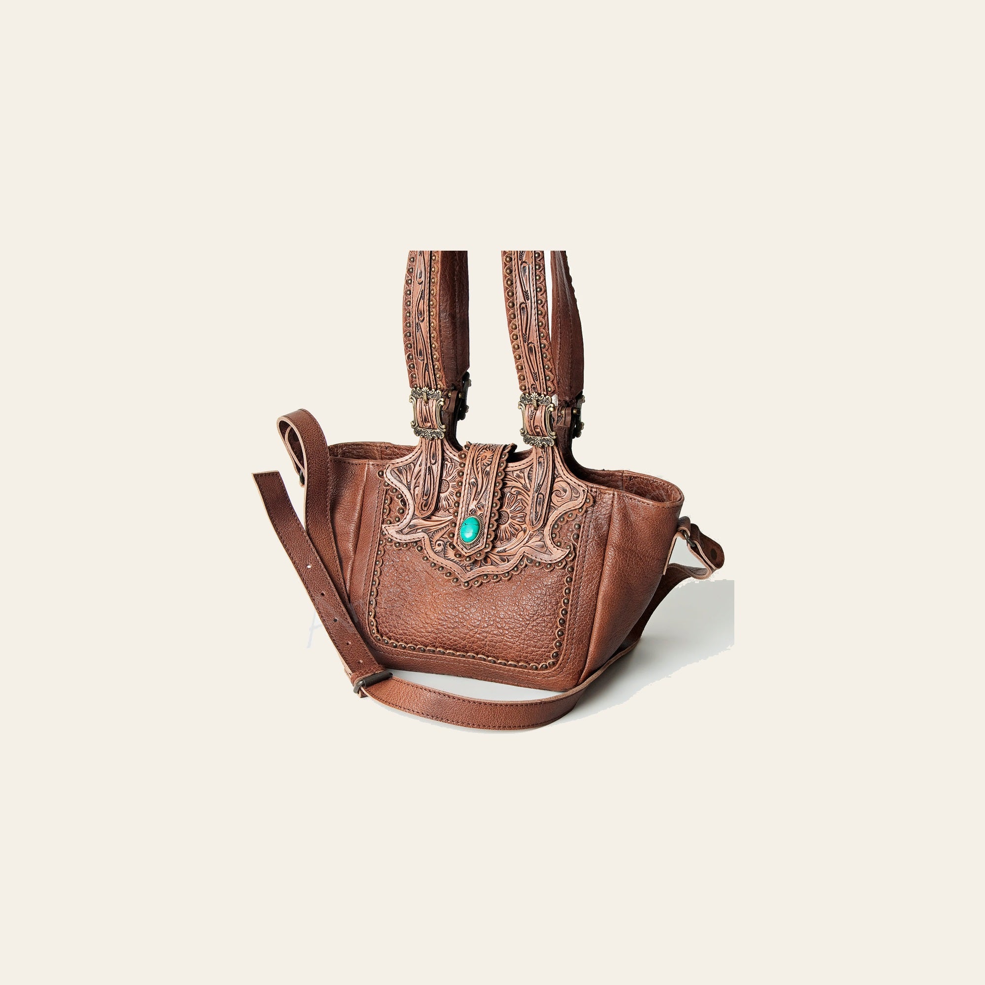 American Darling Tote Bag Western Hand Tooled Floral Genuine Leather Purse with Turquoise Concho & Rivetted Detail for Women