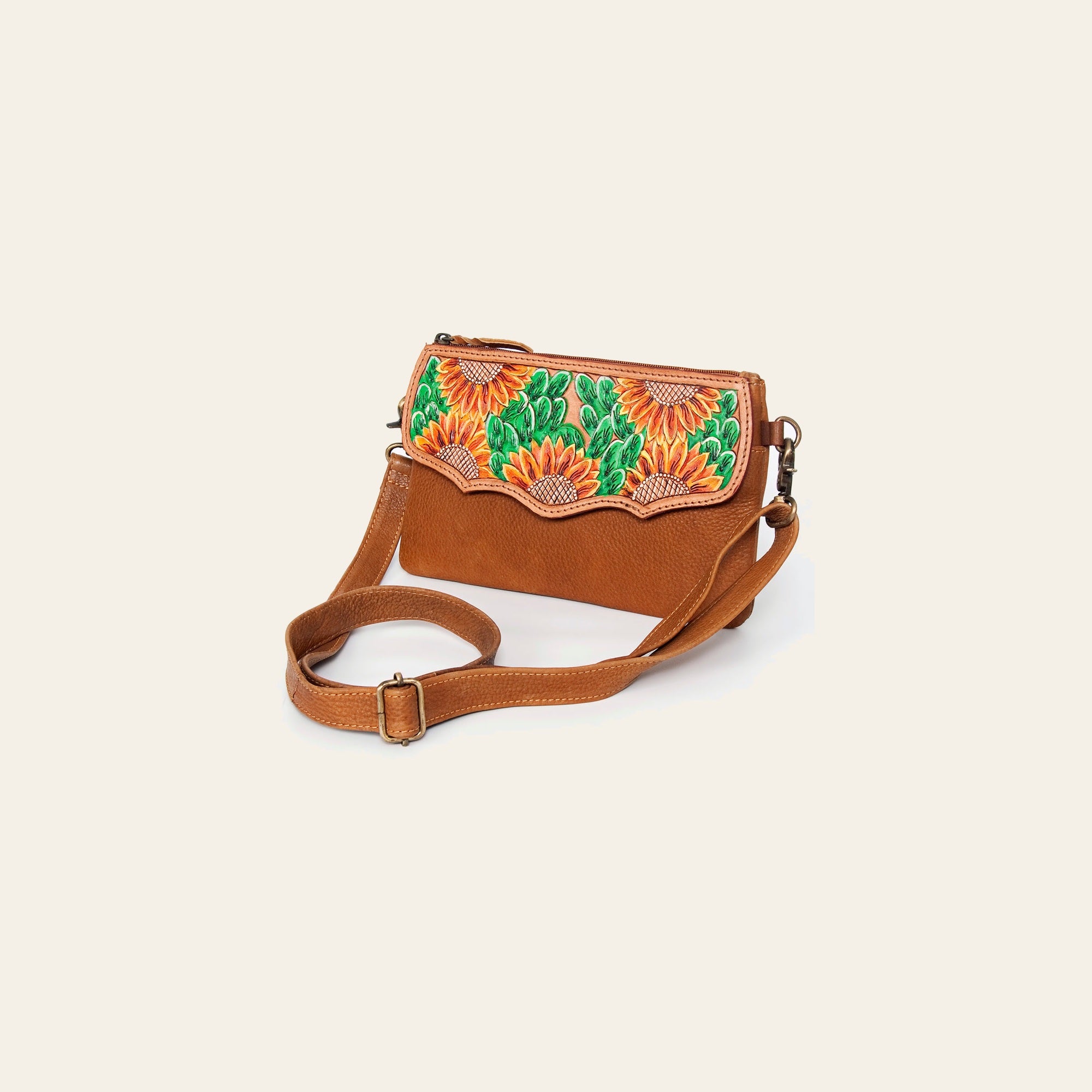 American Darling Small Cross body Bag Hand Tooled Sunflower Cactus Leather & Hair-On Cowhide Western Purse 4.5in x 7in