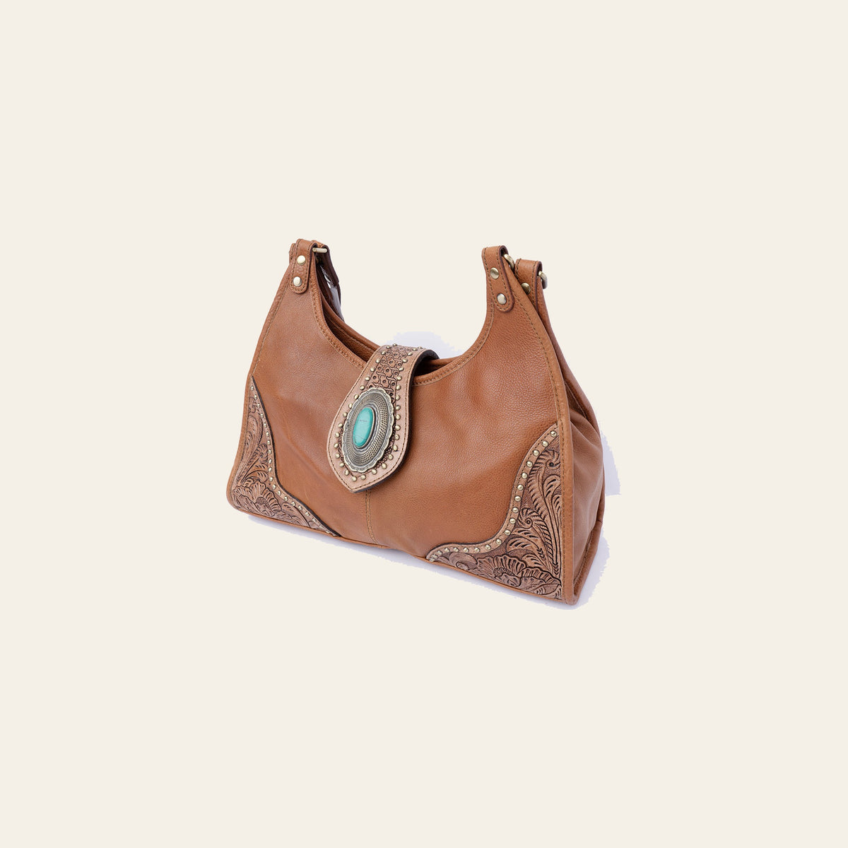 American Darling Hobo Bag, Hand-Tooled Floral Western Leather Purse with Turquoise Stone, 8in (H) X 5in (W) X 13in (D)