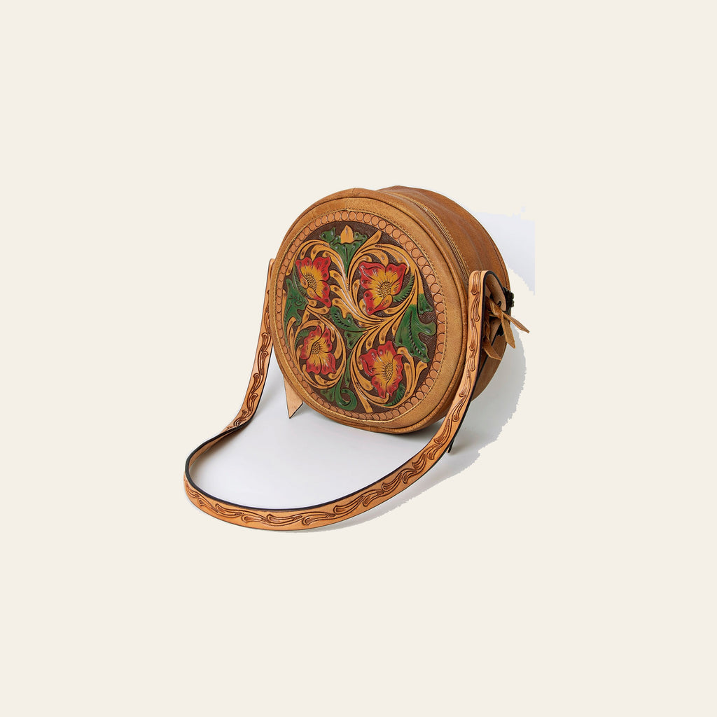 American Darling Canteen Bag, Handcrafted Western Purse, Genuine Leather Hand Tooled Floral Design, Round Crossbody Bag