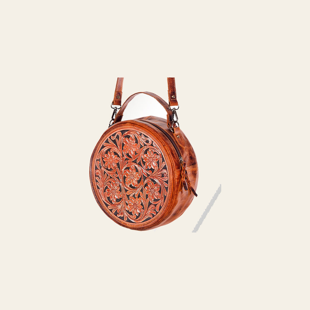 American Darling Canteen Bag Handcrafted from Hand Tooled Floral Leather and Full Grain Leather with YKK Zipper