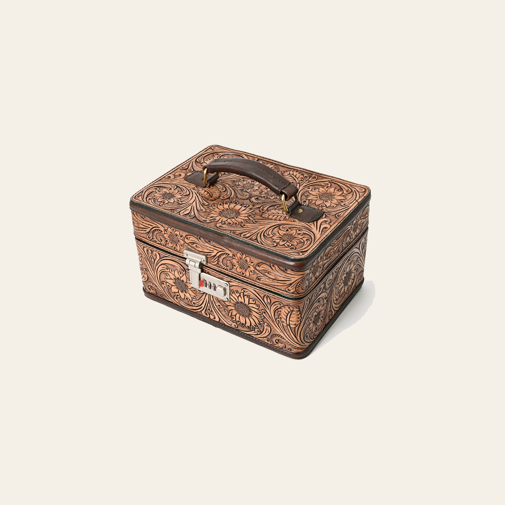American Darling Jewelry Case for Women - Hand Tooled Floral Carved Genuine Leather Travel Organizer with Top Handle