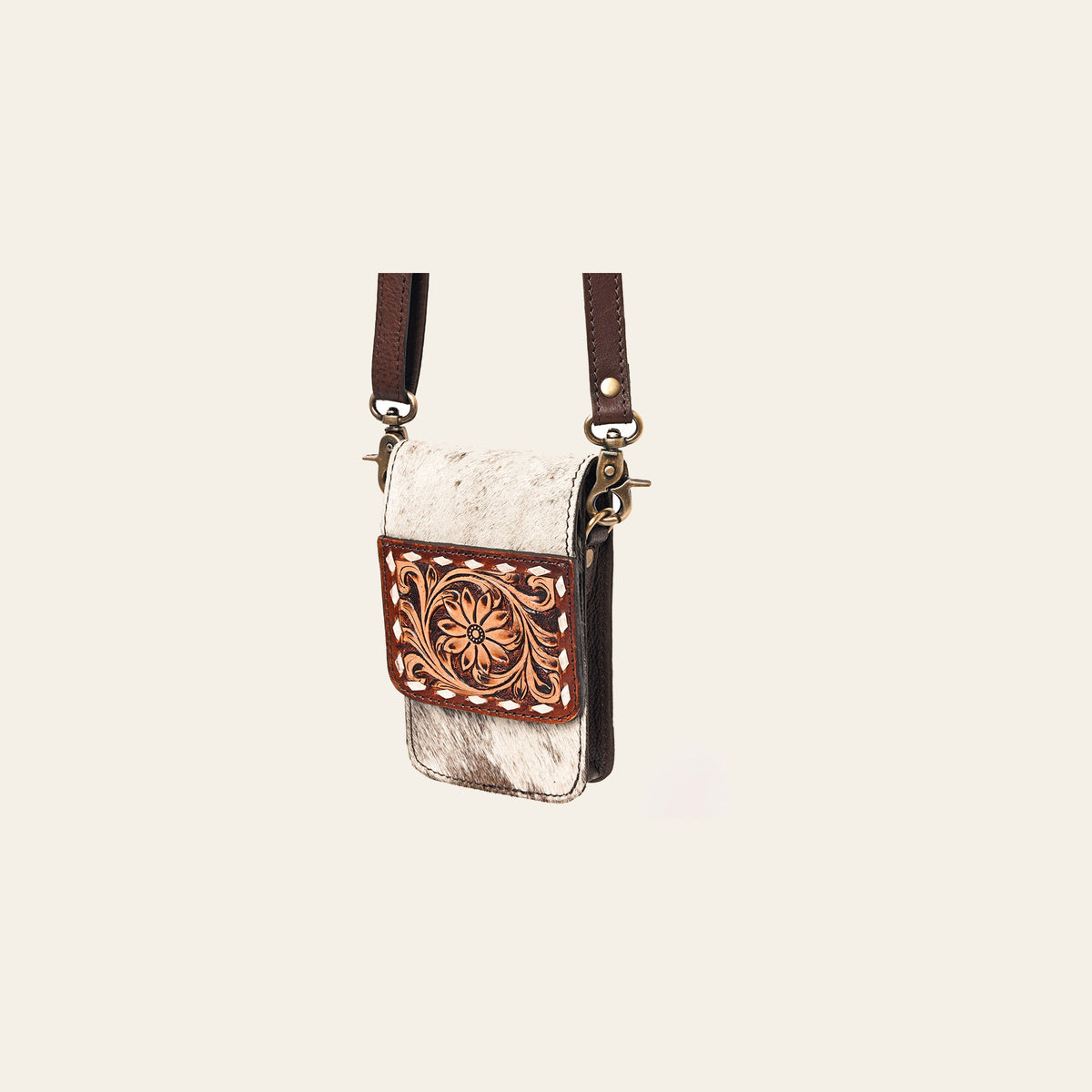 American Darling Cell phone Holder, Hand Tooled Floral Leather, Hair-On Cowhide, Western Crossbody Phone Purse for Women