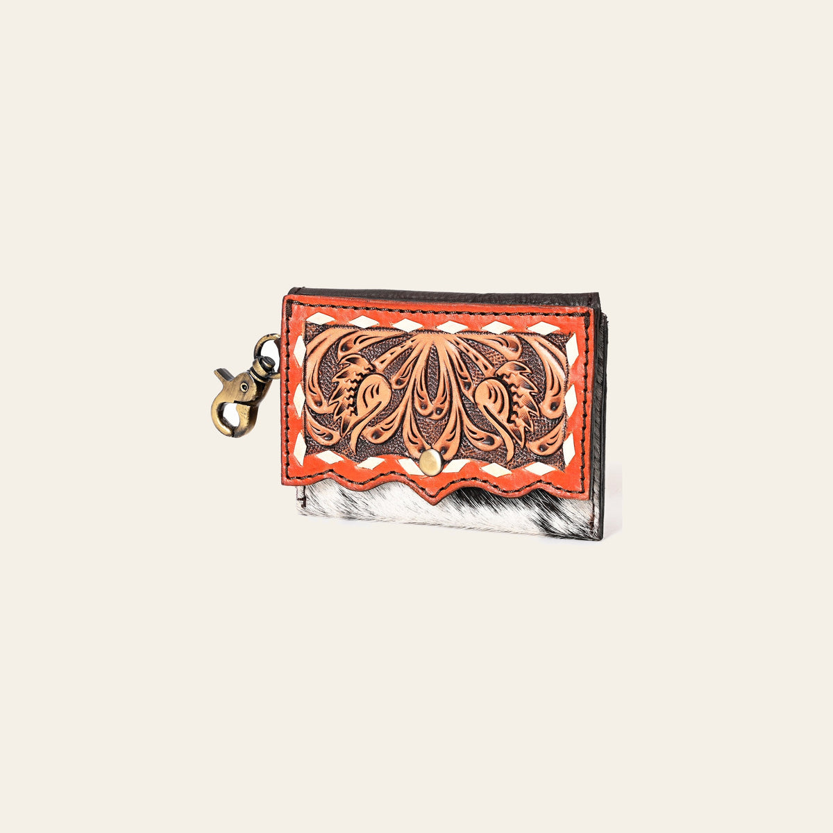 American Darling Hair-On Cowhide Hand Tooled Floral Carved Genuine Leather Coin Purse Buck Stitched Vegetable-Tanned