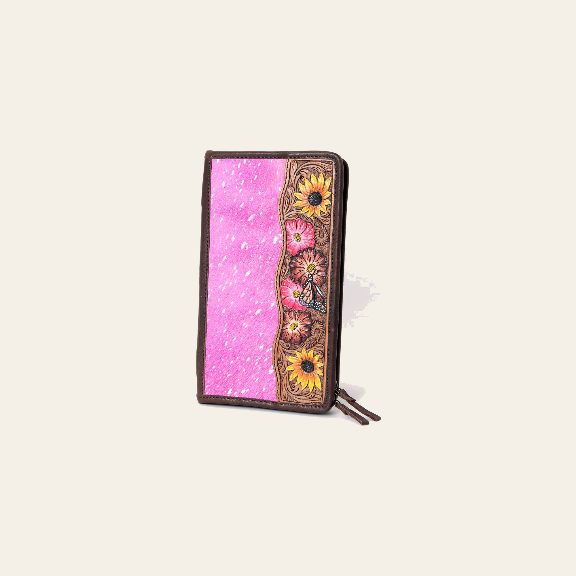 American Darling Jewelry Case for Women - Hair-On Cowhide, Hand Tooled Floral Carved Genuine Leather Travel Organizer