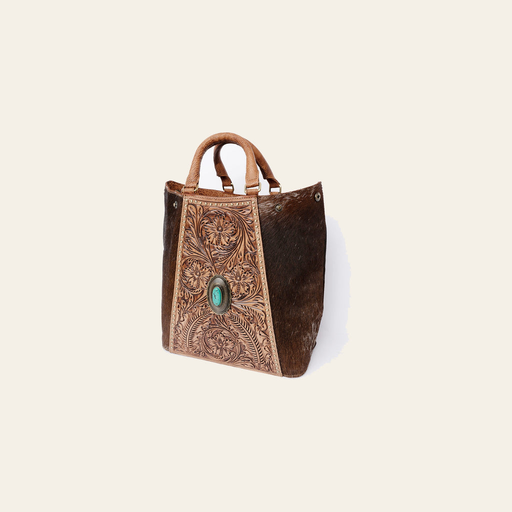 American Darling Tote Bag, Hand-Tooled Floral Western Leather Purse with Turquoise Stone, 12in (H) X 6.5in (W) X 12in (D)