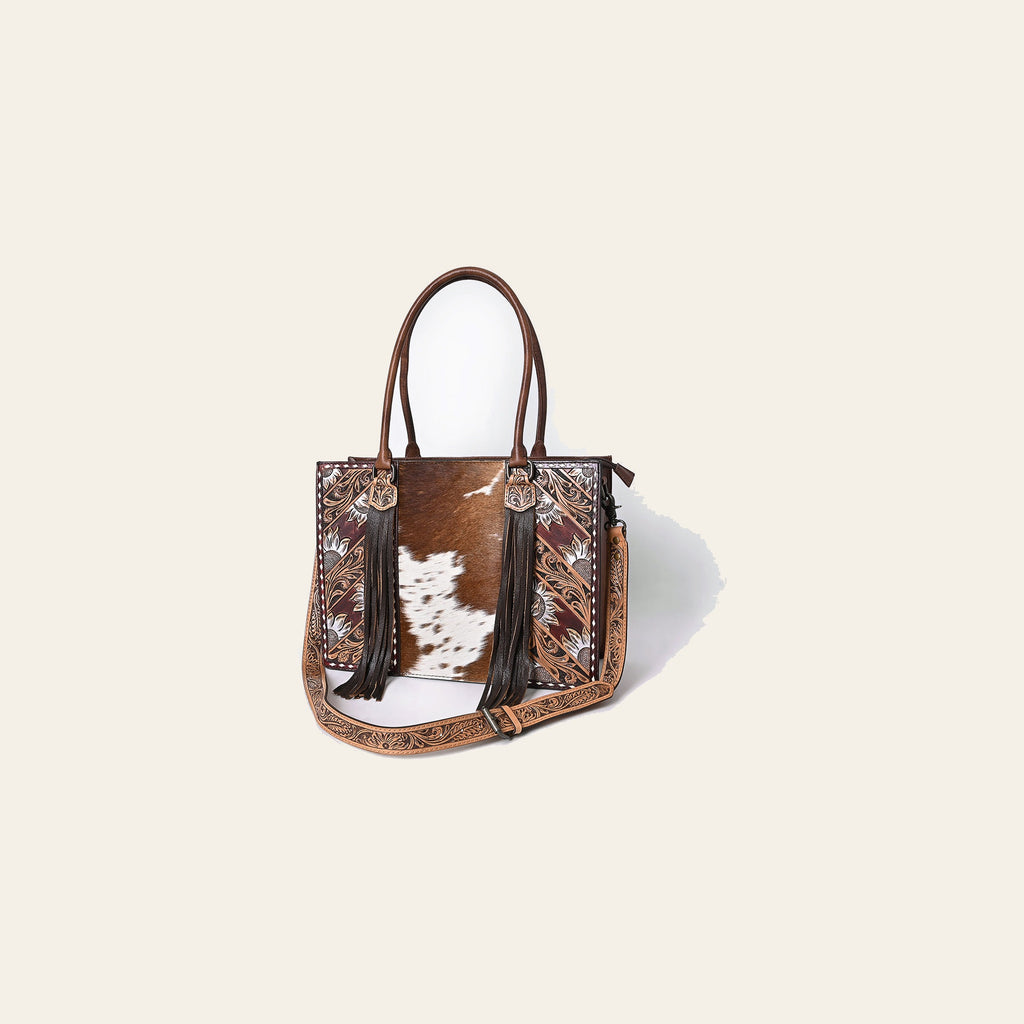 American Darling Western Tote Bag Handcrafted from Hair-On Cowhide & Genuine Leather | Fringe, Hand-Tooled Accents & YKK Zipper
