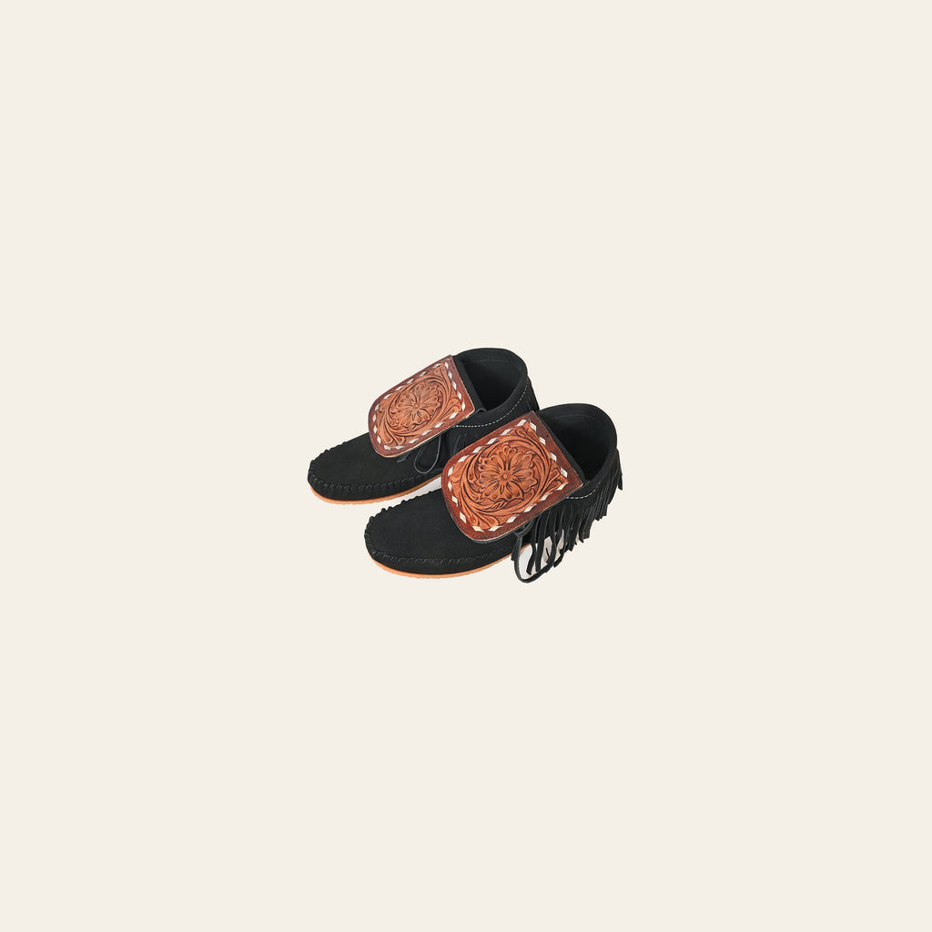 American Darling Hand Tooled Leather Flap Moccasins – Black Suede Western Fringe Shoes