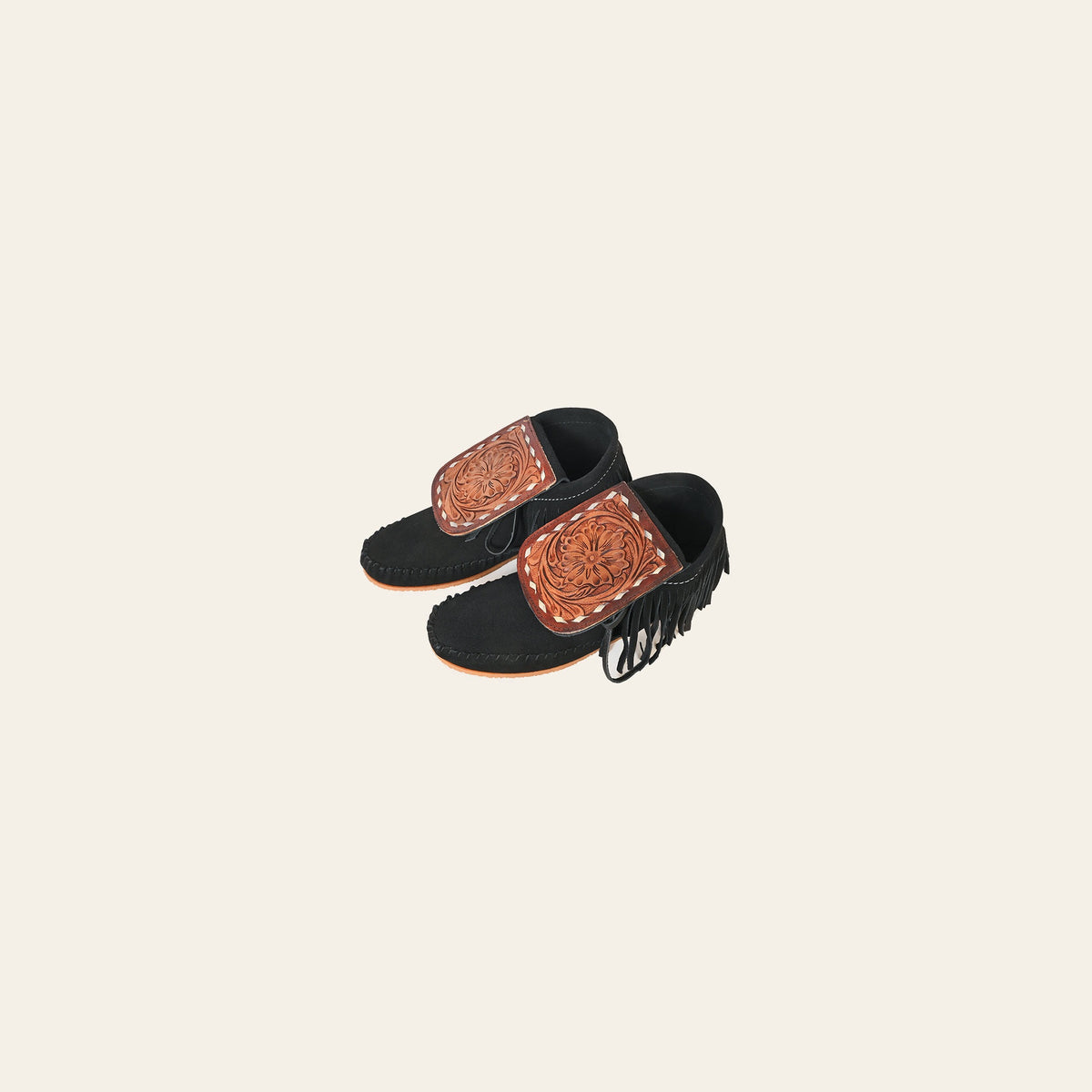 American Darling Hand Tooled Leather Flap Moccasins – Black Suede Western Fringe Shoes