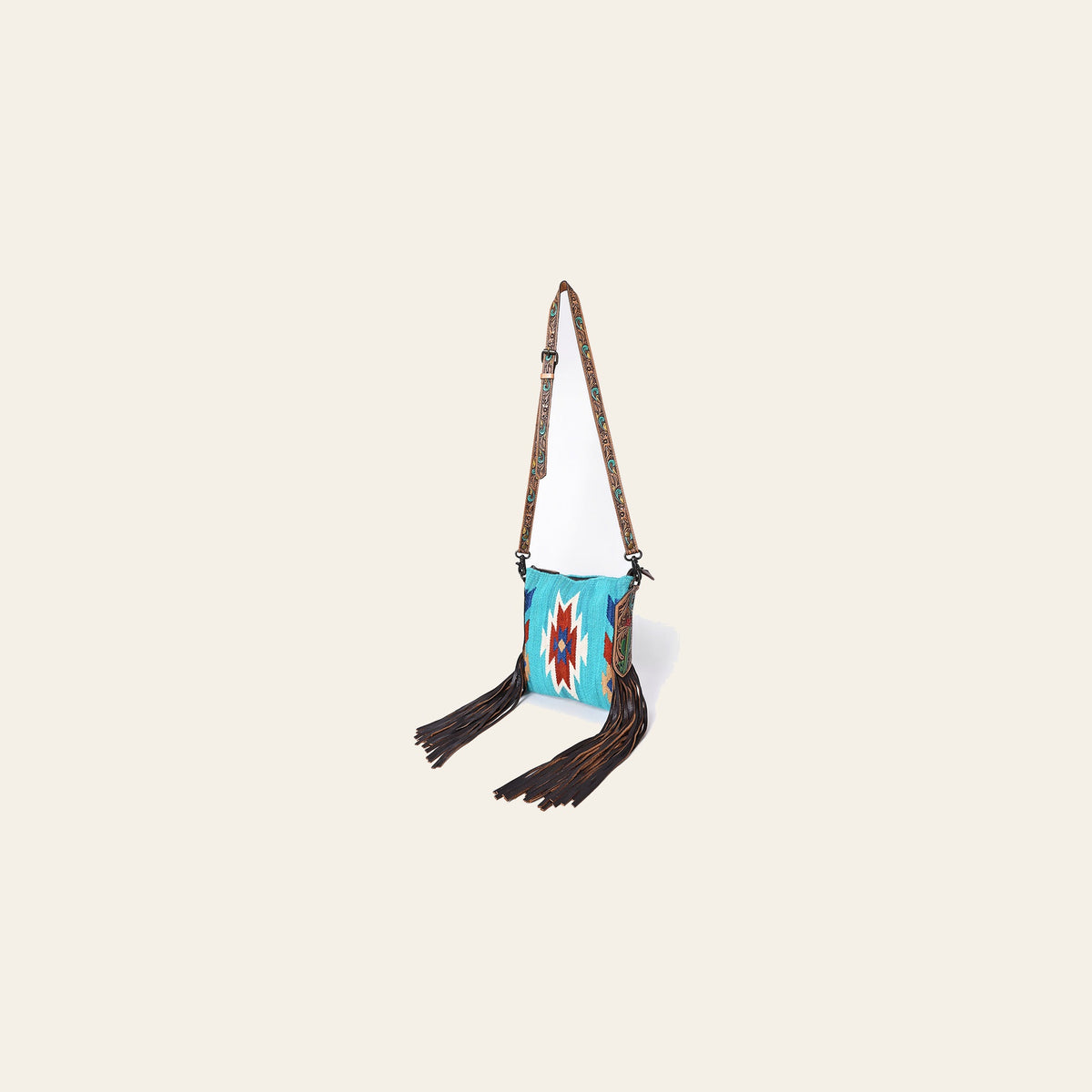 American Darling Large Cross body Bag, Hand-Woven Saddle Blanket & Hand Tooled Leather with Fringes, Western Handcrafted Purse