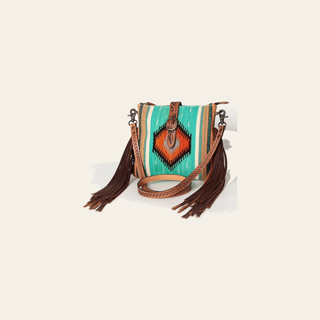 American Darling Hand Woven Saddle Blanket & Handcrafted Western Hand Tooled Cross body Bag, Genuine Vegetable-Tanned Leather