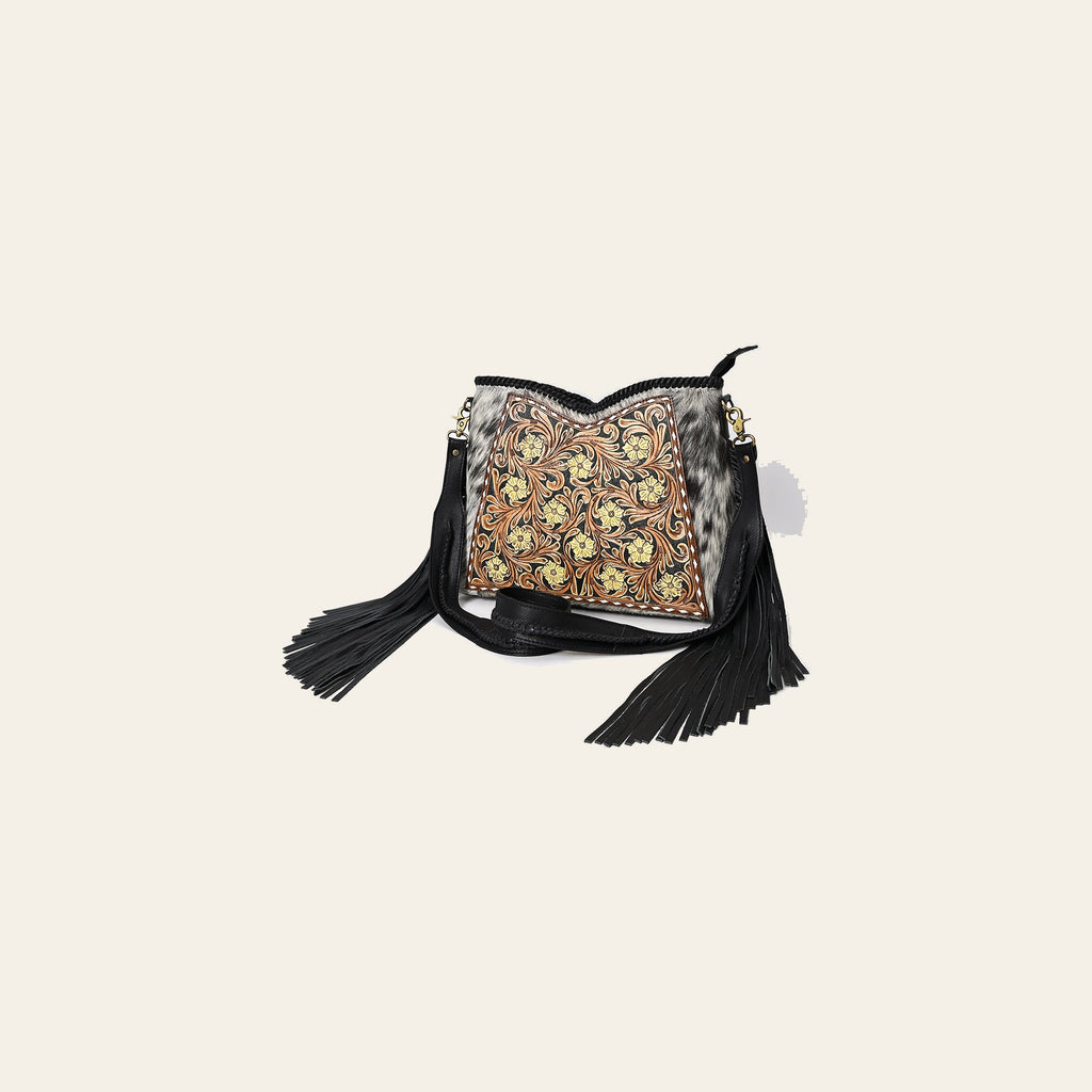 American Darling Western Leather Hobo Bag - Full Grain Leather Hand Tooled Floral Carved Hair-On Cowhide Purse With Fringes