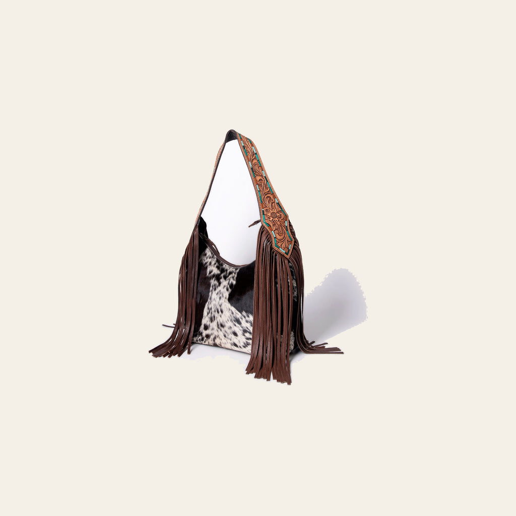 American Darling Hobo Bag for Women - Hair-On Cowhide, Hand Tooled Floral Carved Genuine Leather Shoulder Bag with Fringes