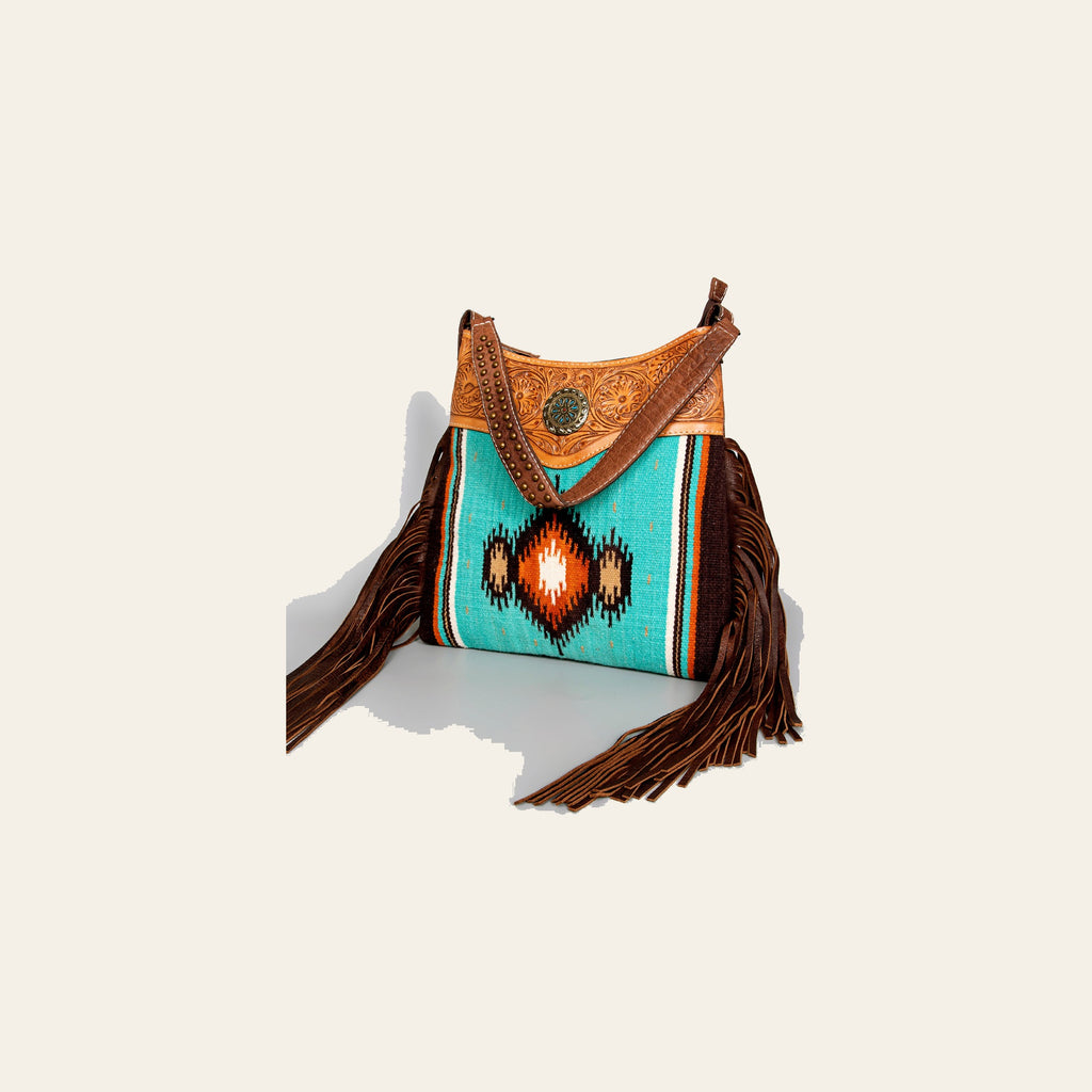 American Darling Western Shoulder Bag, Hand Tooled Floral Carved Leather with Fringes and Concho, Eco-Friendly Boho Purse