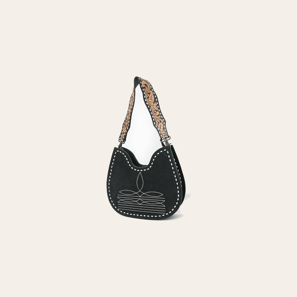 American Darling Western Hobo Bag Handcrafted from Black Genuine Suede Leather | Boot Stitched Front, Hand-Tooled Floral Strap & YKK Zipper