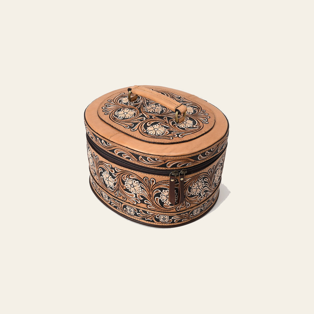 American Darling Hand Tooled Floral Carved Leather Jewelry Case Vegetable-Tanned Genuine Leather YKK Zipper Western Storage