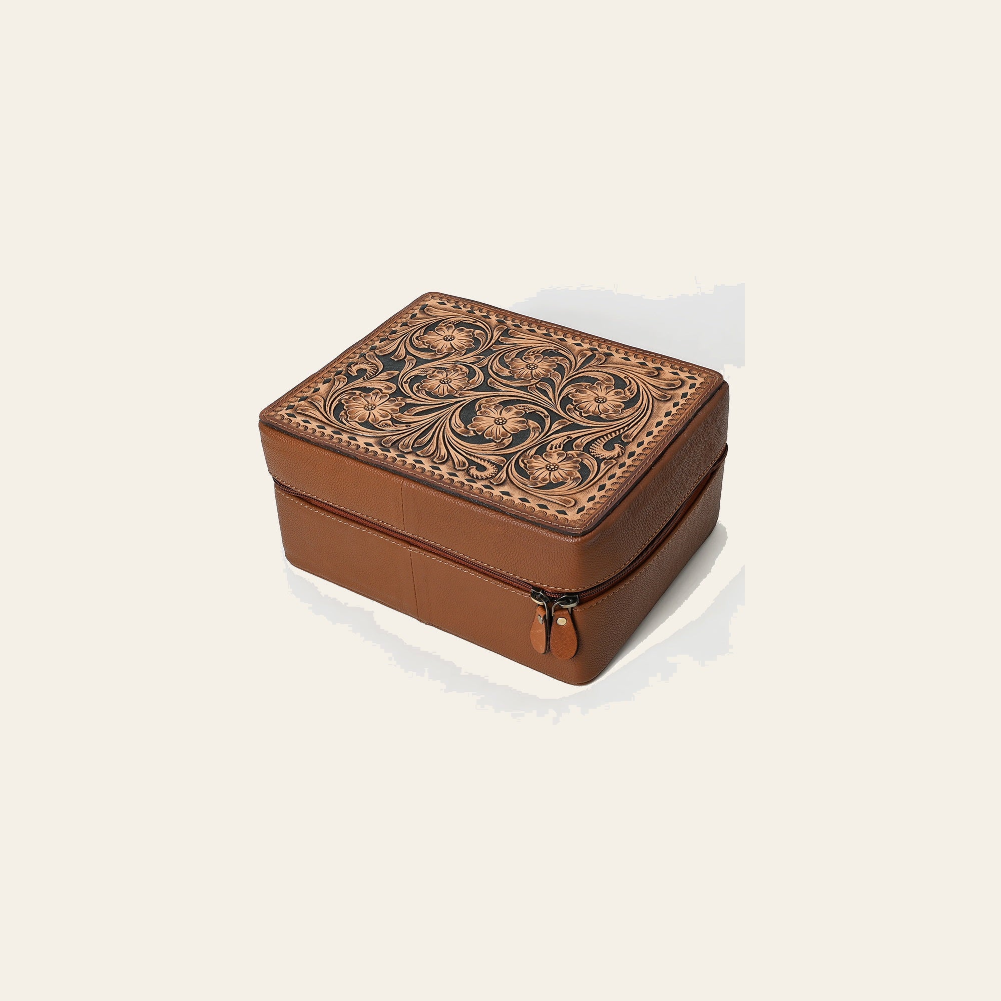 American Darling Women's Hand Tooled Floral Carved Genuine Leather Jewelry Case Eco-Friendly Travel Organizer YKK Zipper