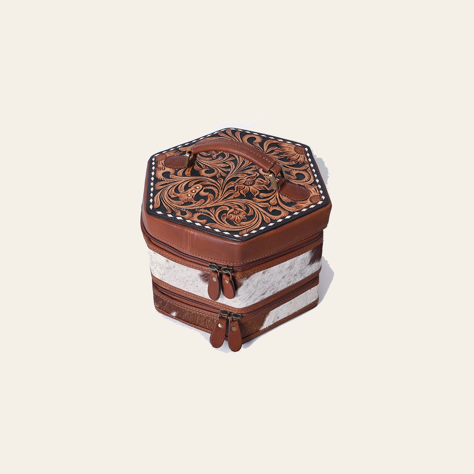 American Darling Women's Hair-On Cowhide Hand Tooled Floral Carved Genuine Leather Jewelry Case Eco-Friendly Western Box