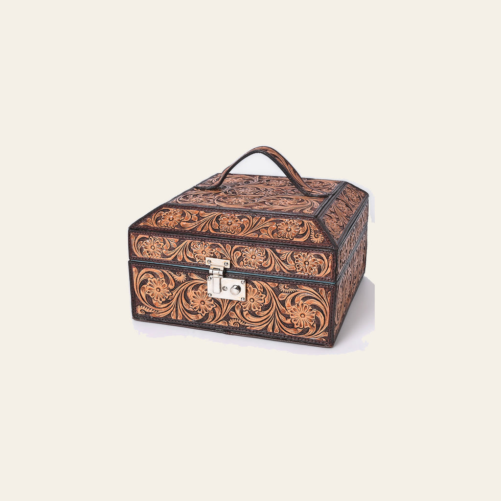 American Darling Western Leather Jewelry Case - Eco-Friendly Vegetable Tanned Full Grain Leather Hand Tooled Floral Box