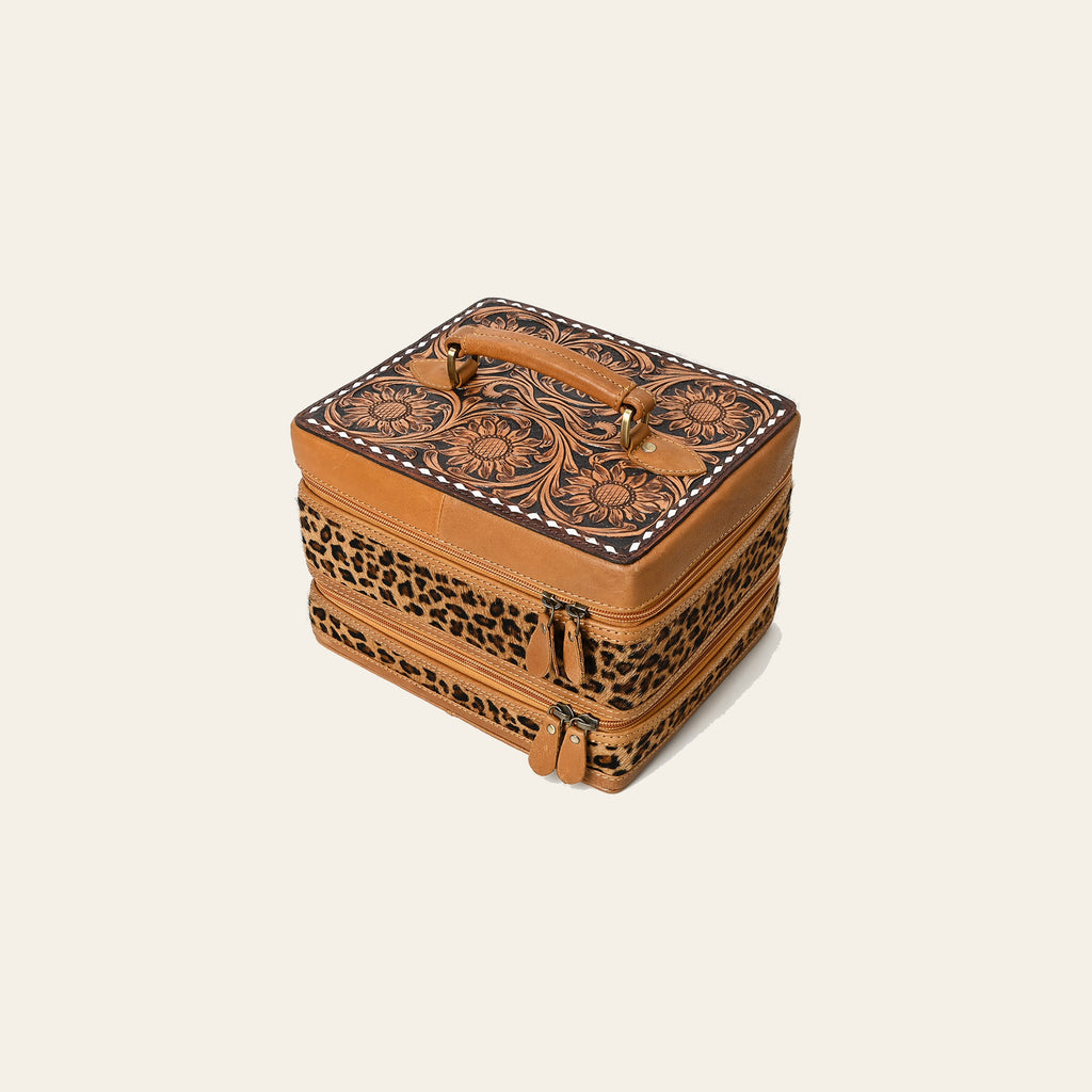 American Darling Hair-On Cowhide Hand Tooled Floral Carved Leather Jewelry Case Genuine Western Leather with YKK Zipper