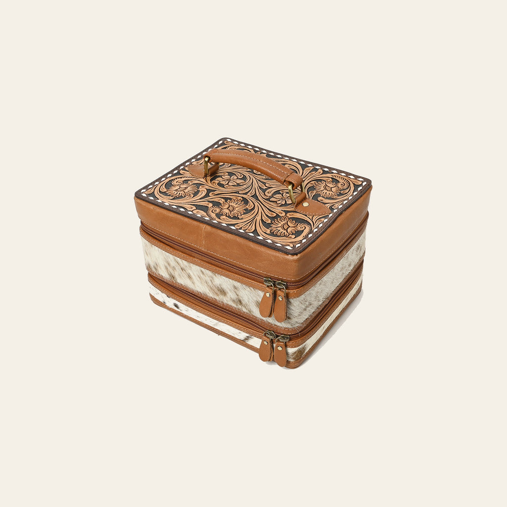 American Darling Hair-On Cowhide Hand Tooled Floral Carved Leather Jewelry Case Genuine Western Leather with YKK Zipper