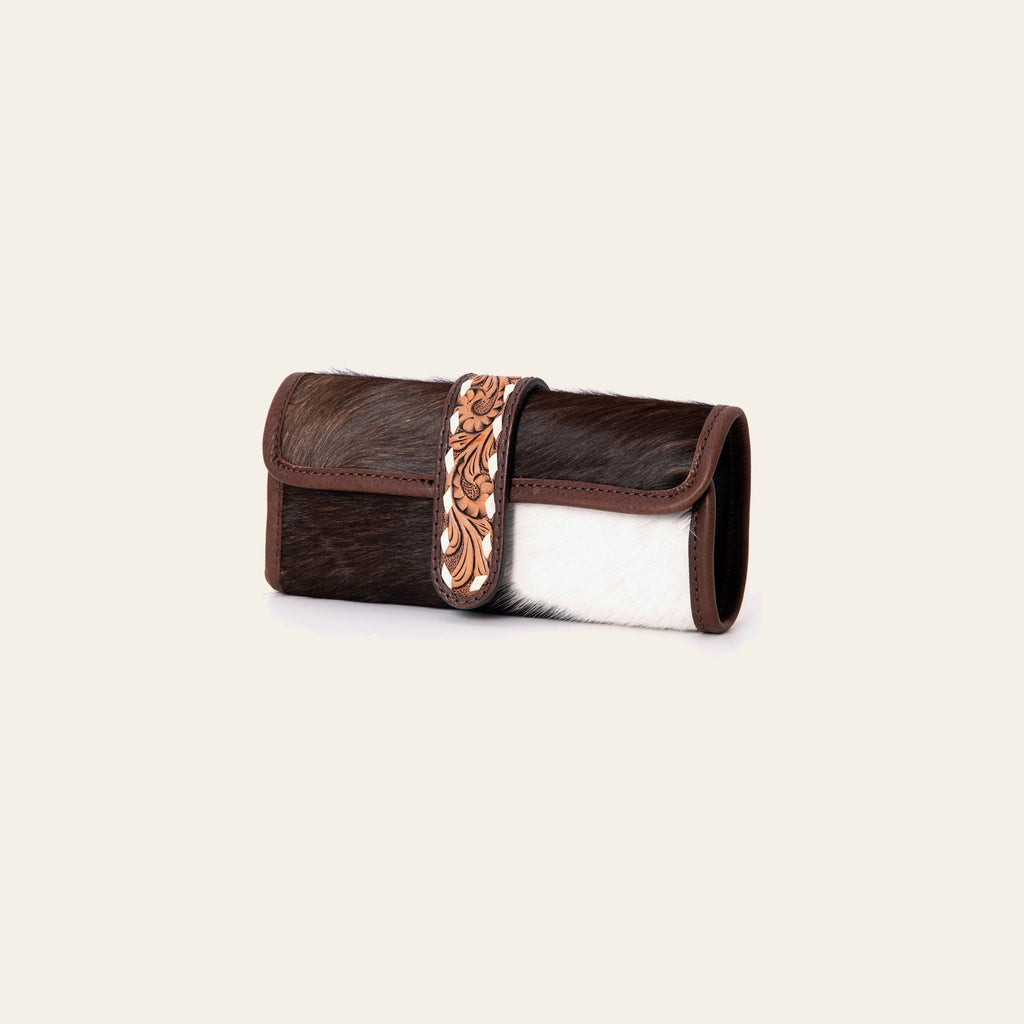 American Darling Jewelry Case for Women - Hair-On Cowhide, Hand Tooled Floral Carved Leather & Buck Stitched Travel Organizer