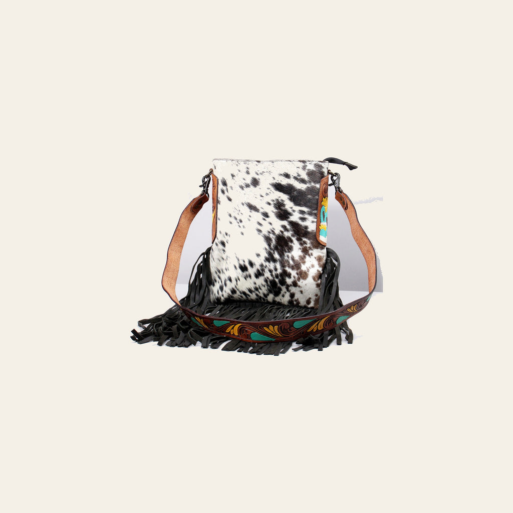 American Darling Large Cross body Bag Hand Tooled Floral Carved Genuine Leather Western Purse with Cowhide and Fringes