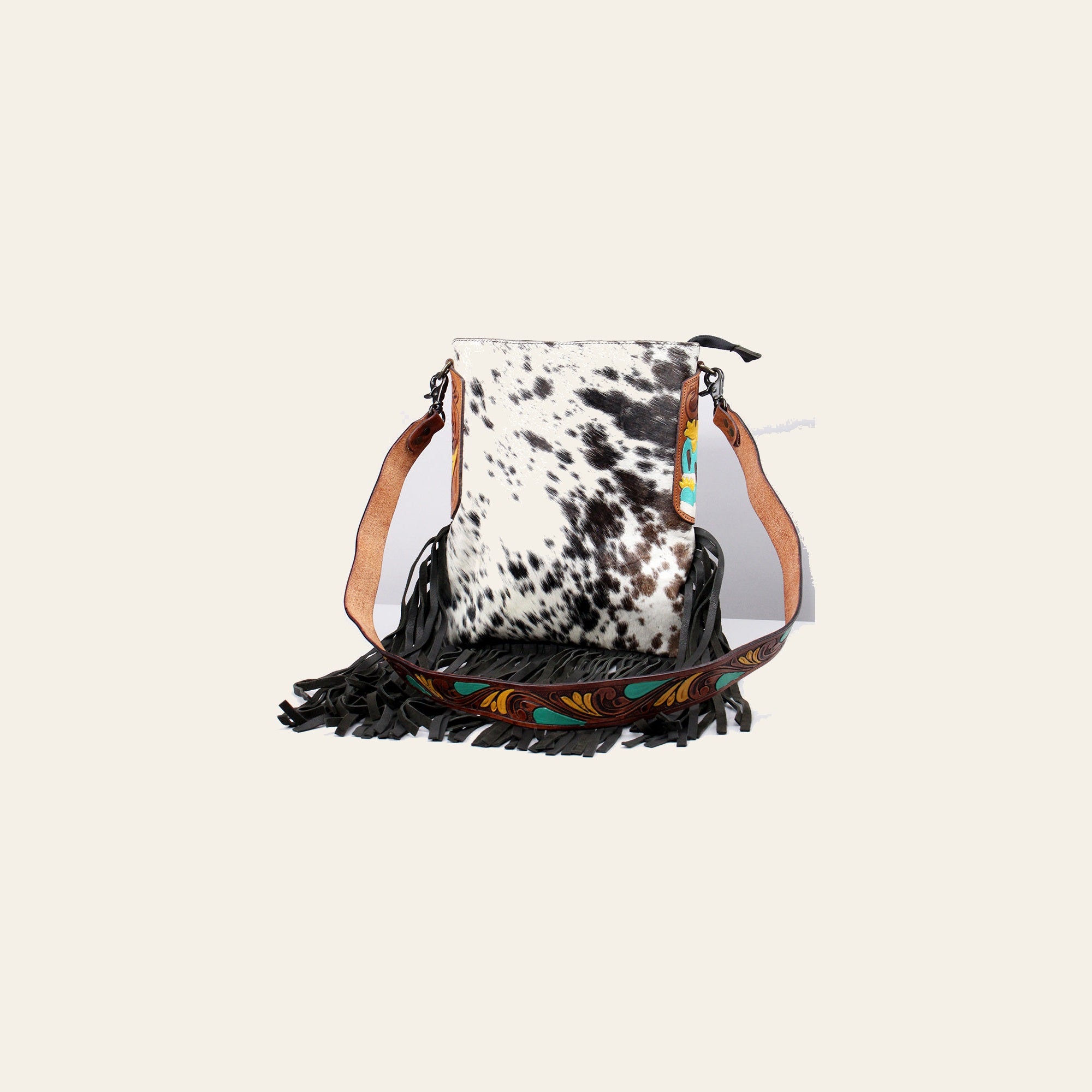 American Darling Large Cross body Bag Hand Tooled Floral Carved Genuine Leather Western Purse with Cowhide and Fringes