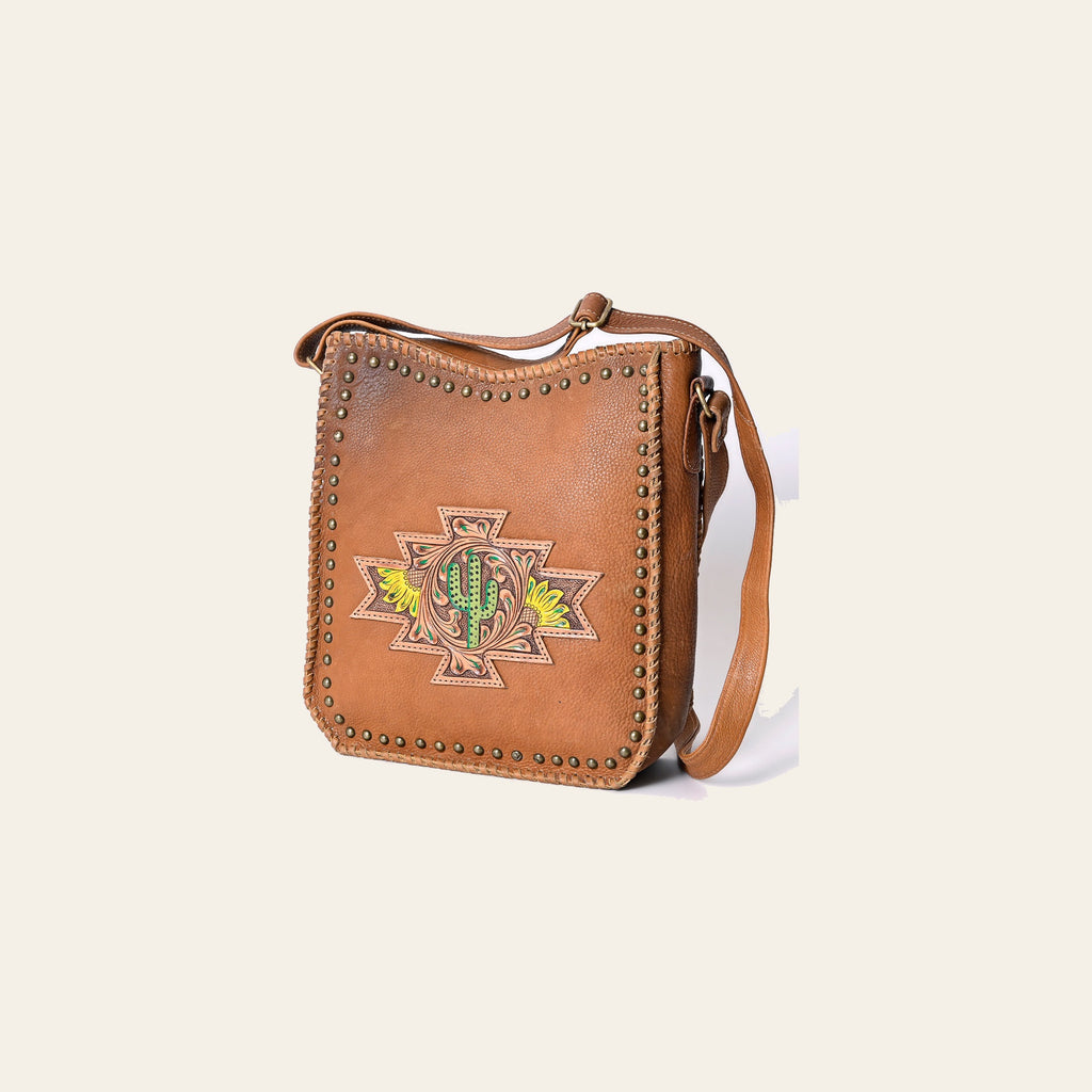 American Darling Large Cross body Bag Hand Tooled Cactus Floral Hair-On Cowhide Western Leather Purse 11.5in x 11in