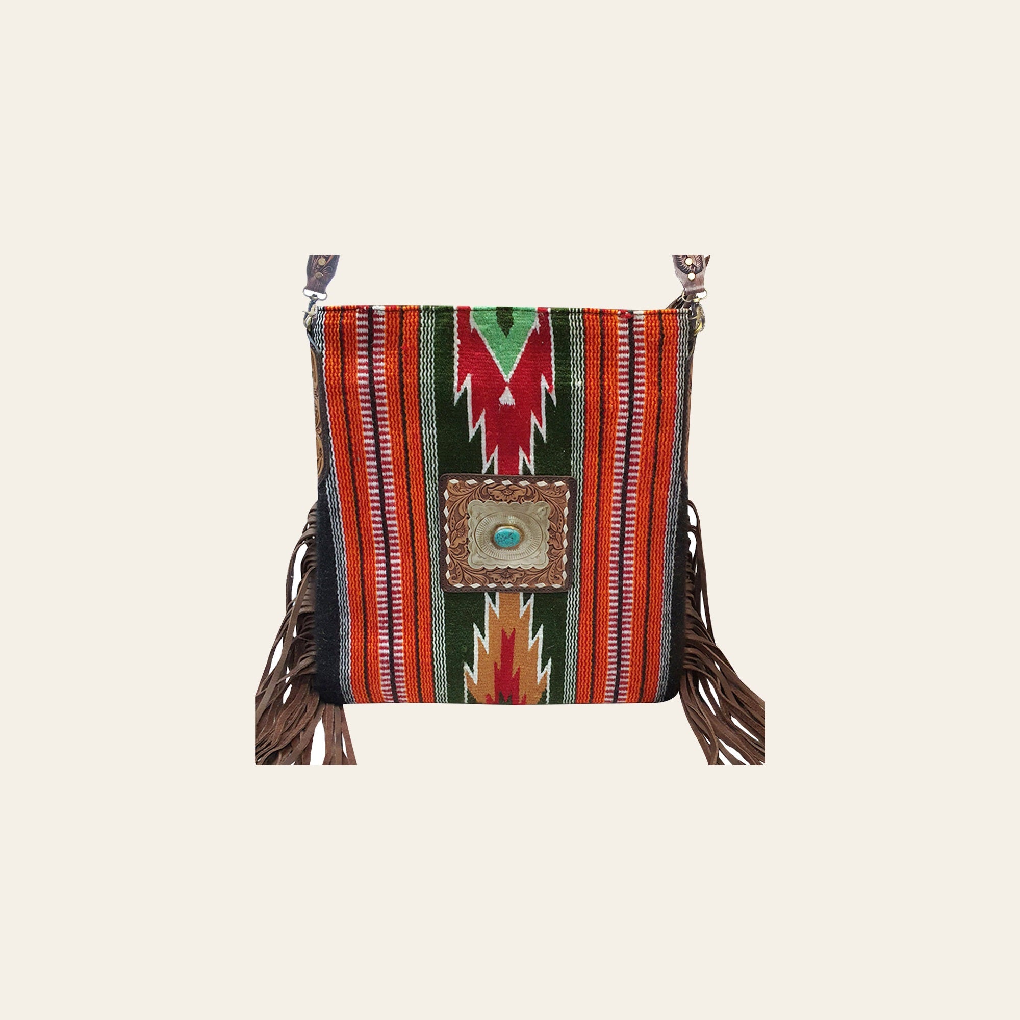 American Darling Large Cross body Bag Hand-Woven Saddle Blanket Vegetable-Tanned Genuine Leather Fringes Turquoise Concho