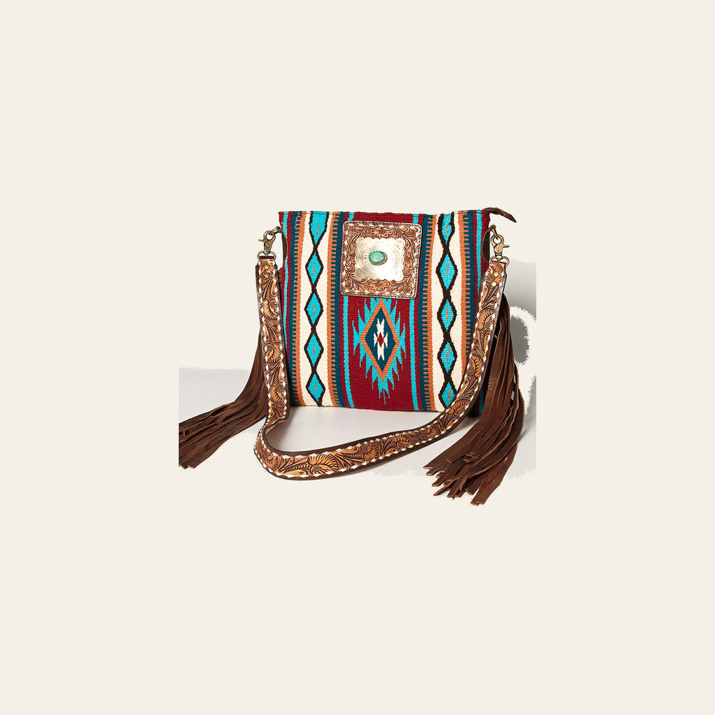 American Darling Large Cross body Bag Hand-Woven Saddle Blanket Vegetable-Tanned Genuine Leather Fringes Turquoise Concho
