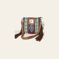 American Darling Large Cross body Bag Hand-Woven Saddle Blanket Vegetable-Tanned Genuine Leather Fringes Turquoise Concho