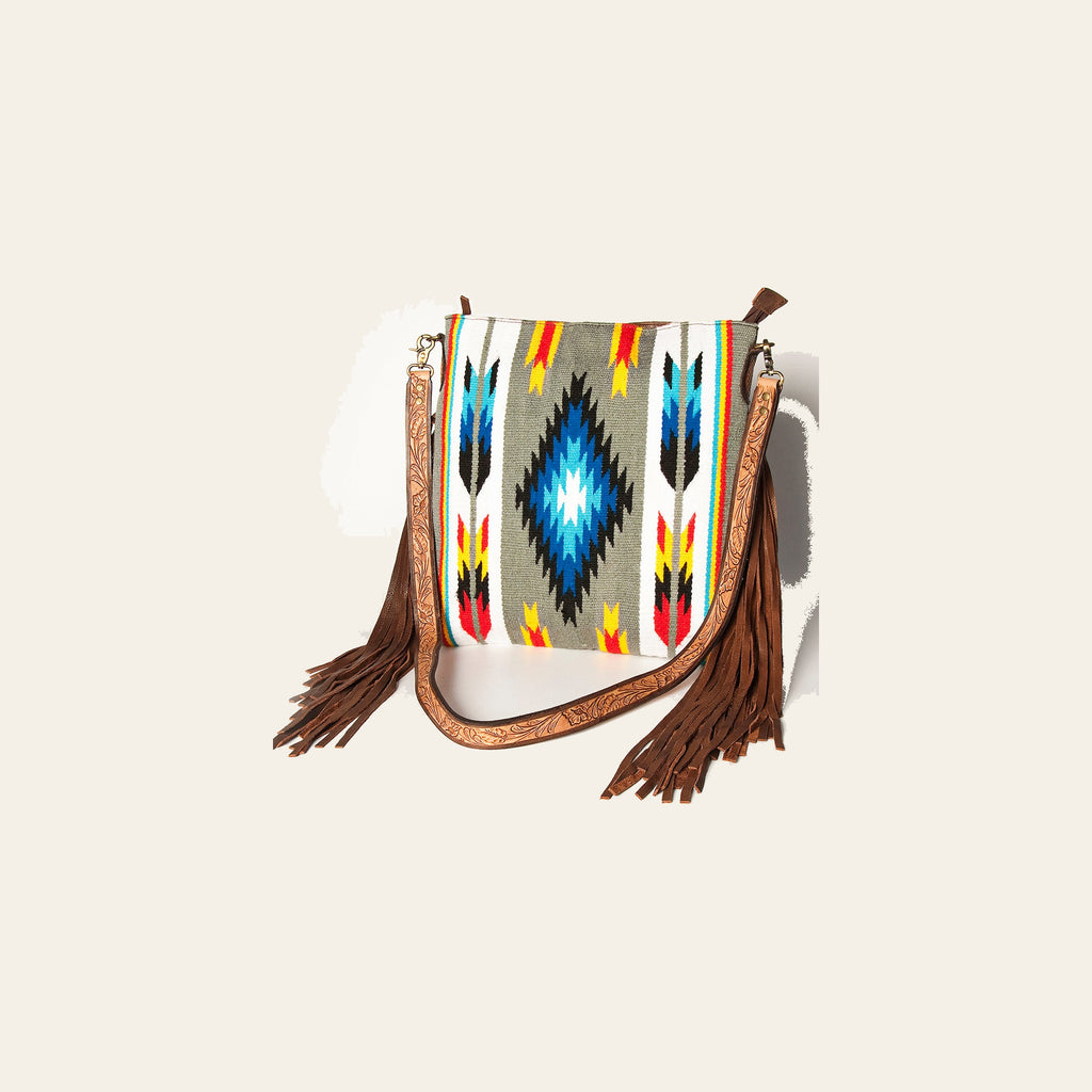 American Darling Large Cross body Bag Hand Woven Saddle Blanket Vegetable-Tanned Genuine Leather Fringes Hand Tooled