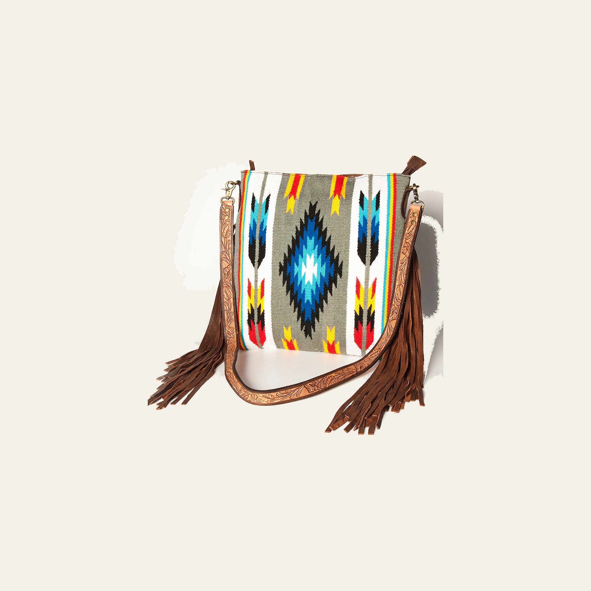 American Darling Large Cross body Bag Hand Woven Saddle Blanket Vegetable-Tanned Genuine Leather Fringes Hand Tooled
