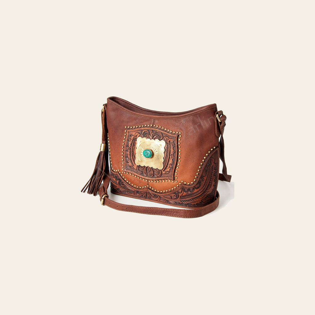 American Darling Messenger Bag, Hand-Tooled Leather Western Purse with Turquoise Stone & Tassels, 8.5in (H) X 15in (W) X 6in (D)