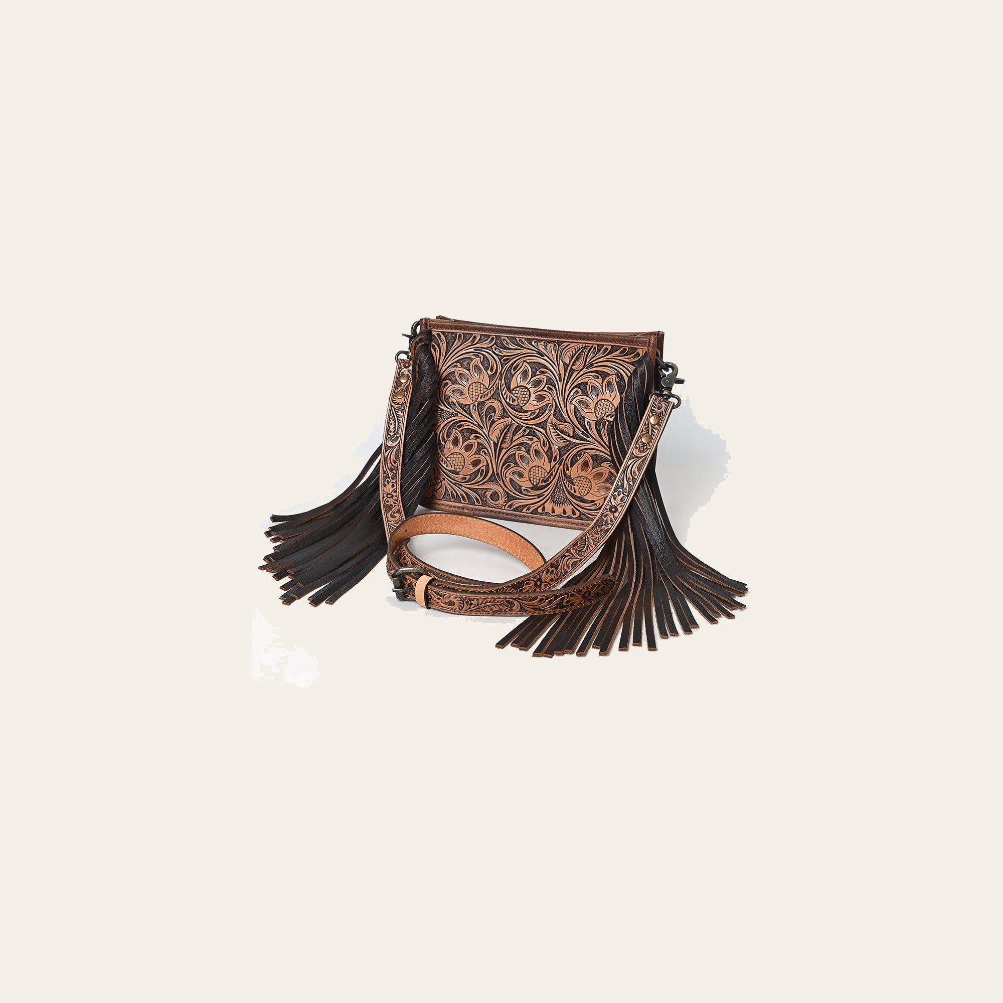 American Darling Messenger Bag Handcrafted from Hand Tooled Floral Carved Genuine Leather with Fringes and YKK Zipper