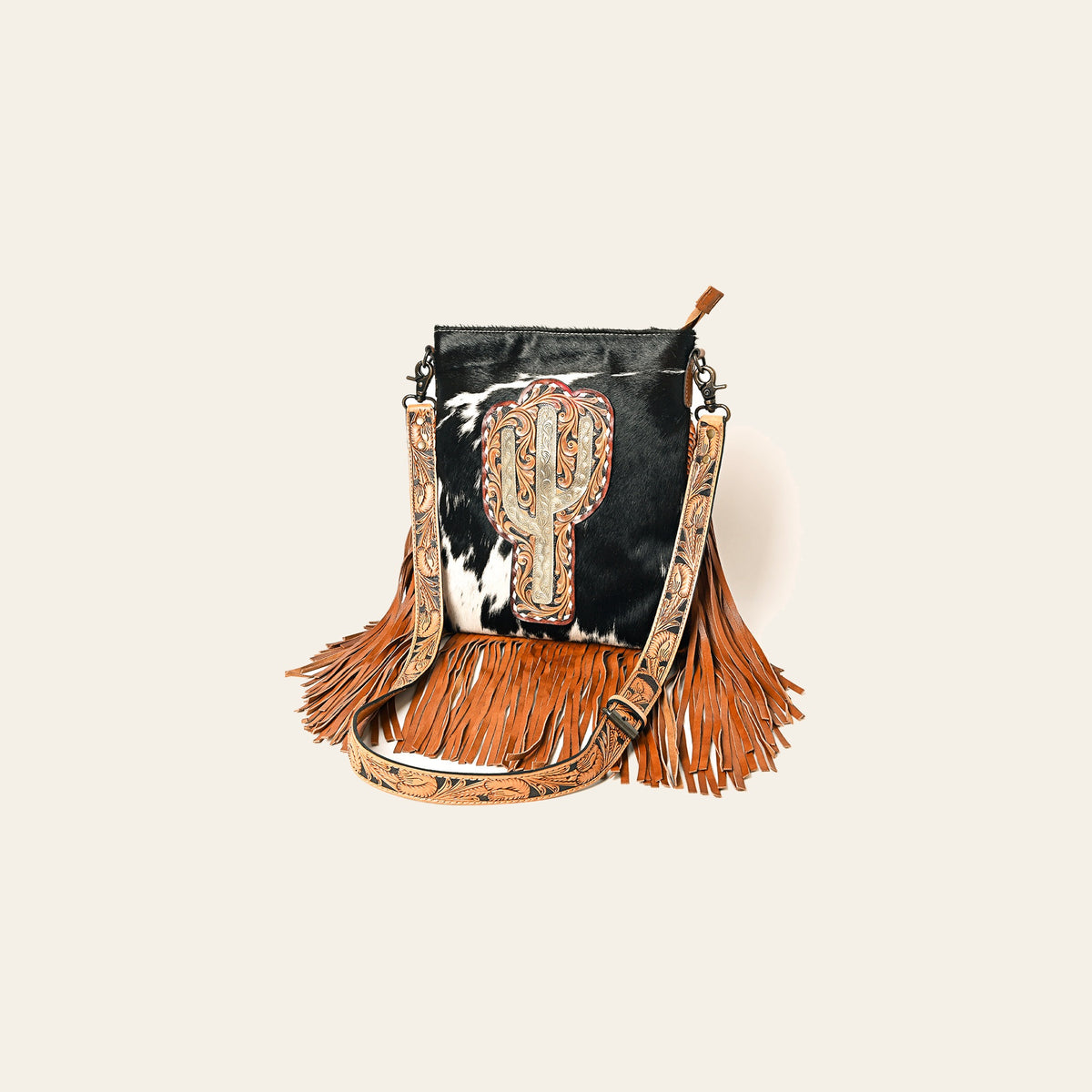 American Darling Hair-On Cowhide Western Leather Large Crossbody Bag with Hand-Tooled Panel, Fringe Accents & Adjustable Strap