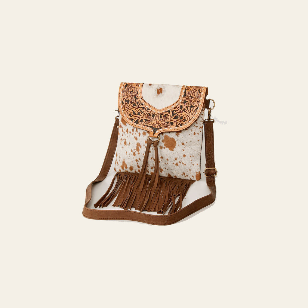 American Darling Messenger Bag Hand Tooled Floral Carved Leather Hair-On Cowhide Fringed Western Bag 10.5in x 11in